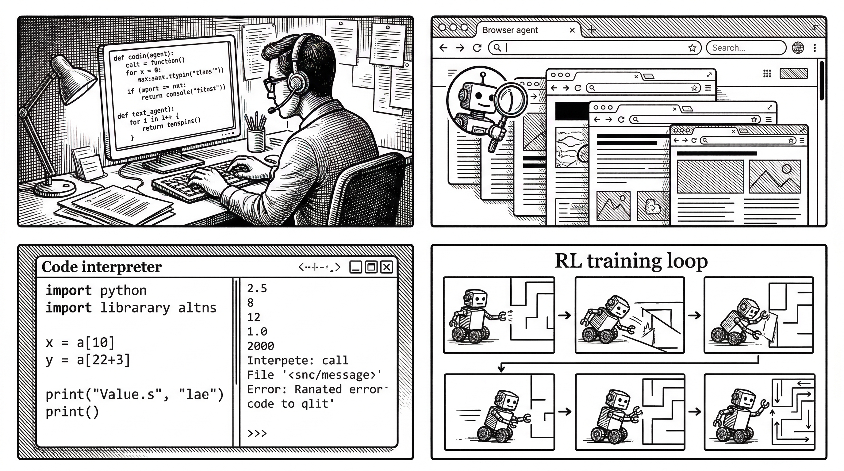 Four panels arranged in a grid. Top-left shows a coding agent typing at a terminal. Top-right shows a browser agent navigating web pages. Bottom-left shows a code interpreter running Python with visible output. Bottom-right shows an RL training loop with a robot learning from repeated attempts.
