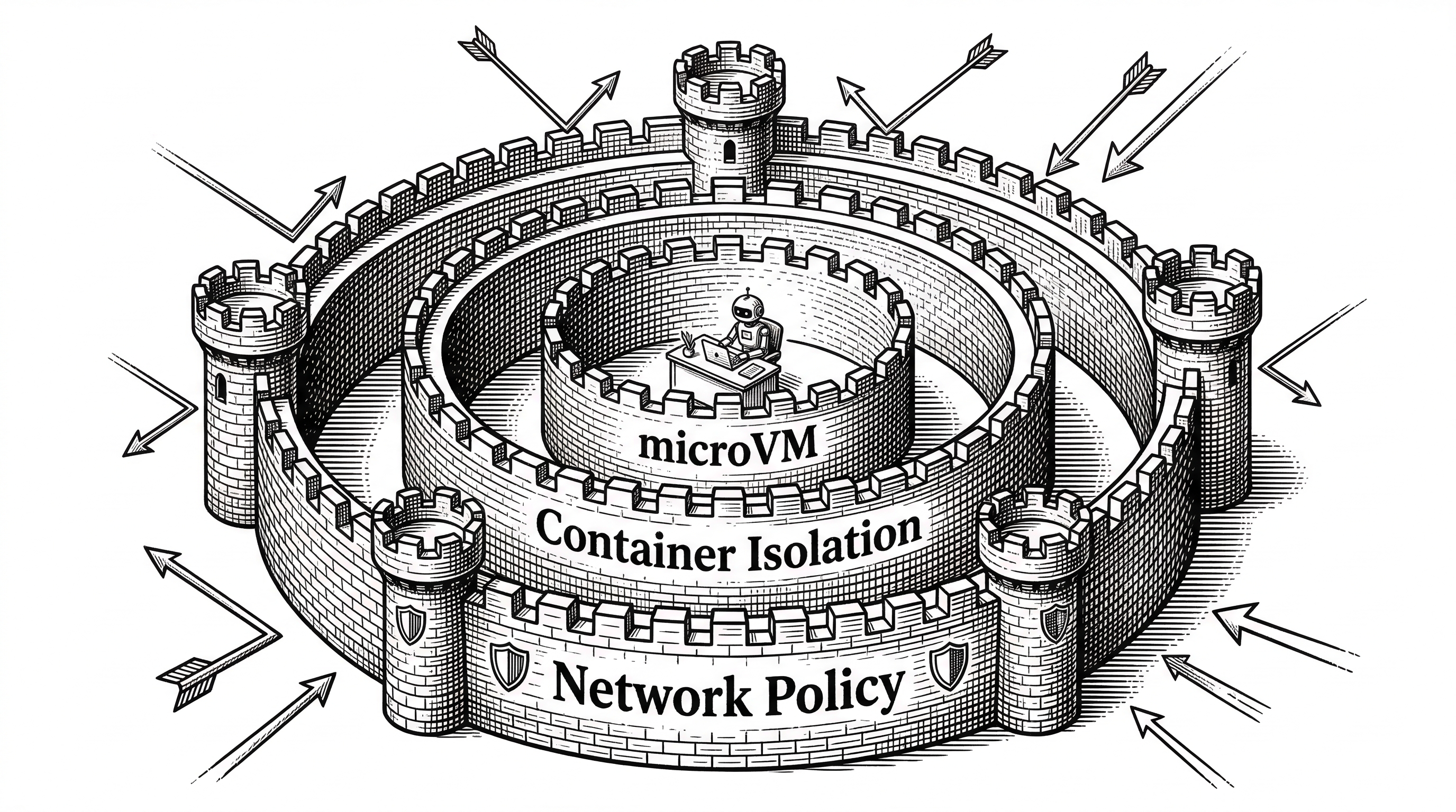 A fortified castle with concentric walls. The outermost wall is labeled Network Policy. The next wall is Container Isolation. Inside that Firecracker microVM. At the center a small AI agent works safely. Arrows representing threats bounce off each wall layer.
