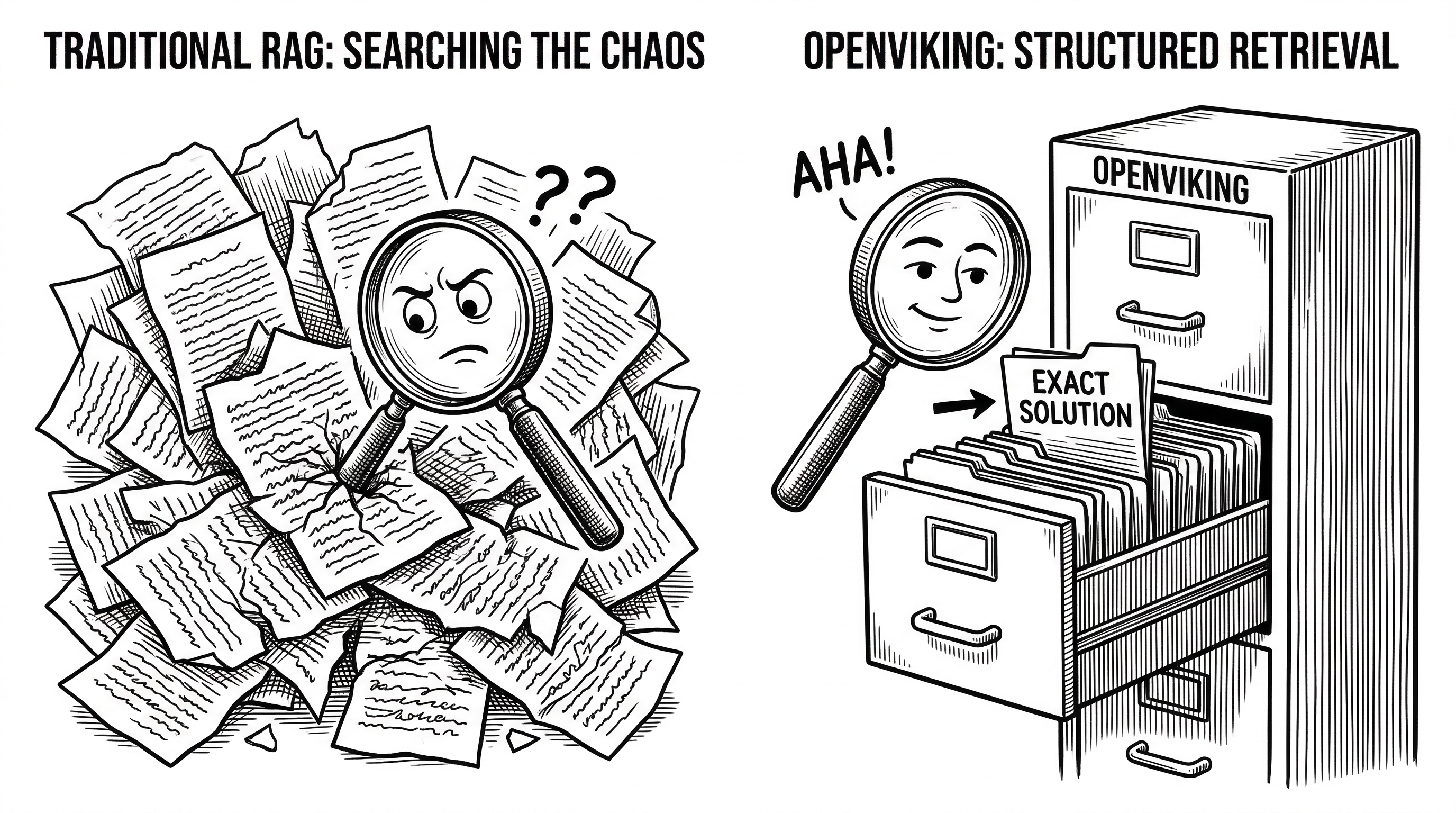 A split view showing traditional RAG as a flat scattered pile of document chunks on the left versus OpenViking's organized filing cabinet with labeled drawers and folders on the right. A magnifying glass hovers over the organized side finding a specific file instantly.
