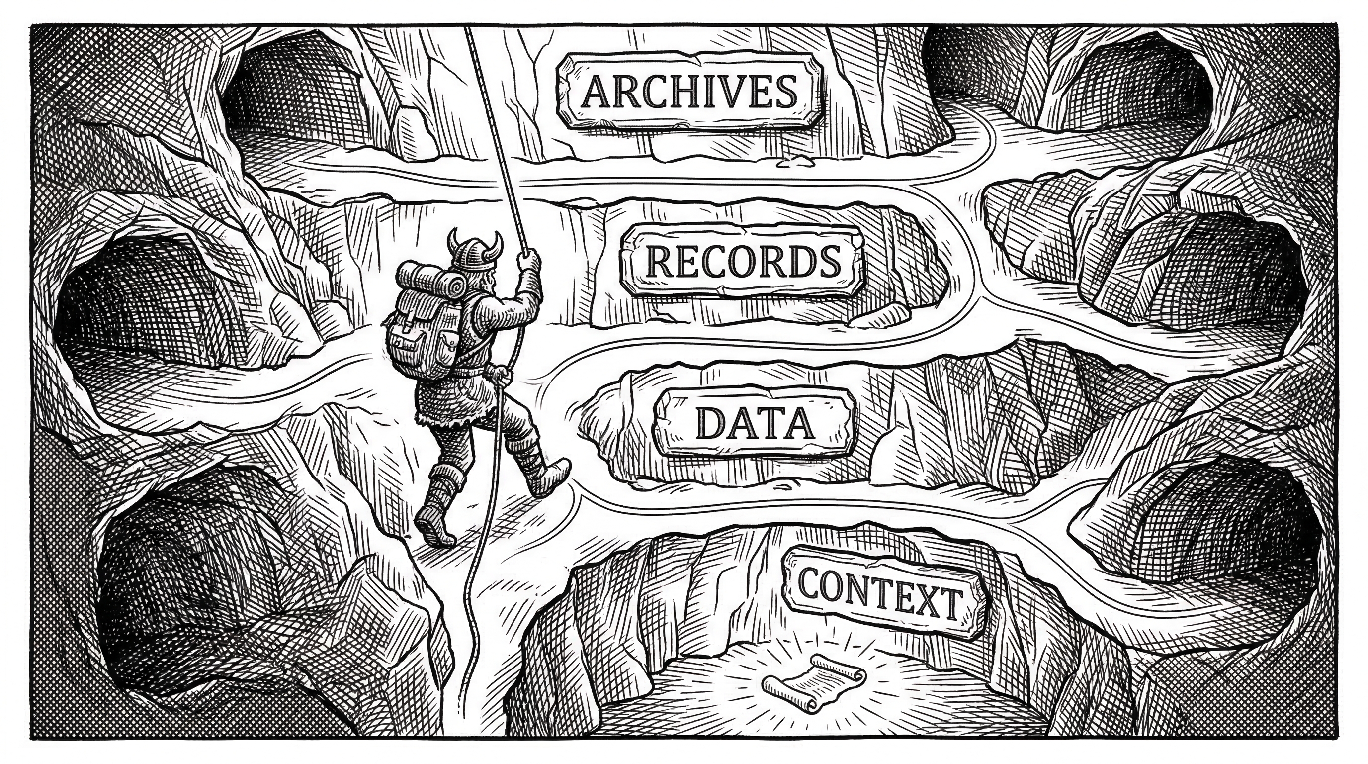 A Viking explorer descending through layers of a cave system. Each cave level is labeled with directory names. The explorer follows a glowing thread that branches at each level showing the retrieval path. Dead-end tunnels are dimmed while the correct path glows brightly.