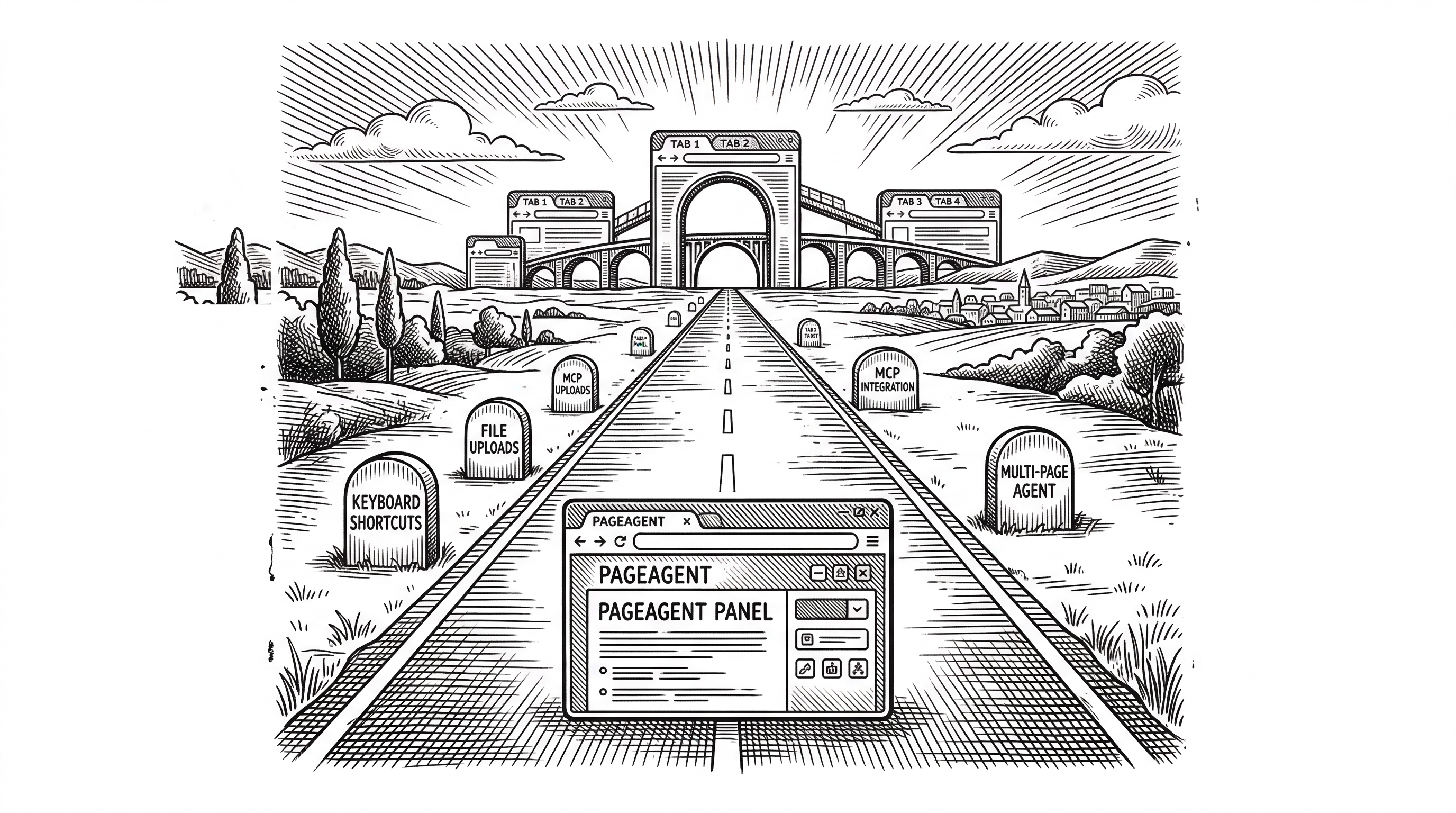 A road stretching into the distance. Milestones along the road are labeled with upcoming features. The road starts from a browser window in the foreground and leads toward a distant horizon where multiple browser tabs are connected together.