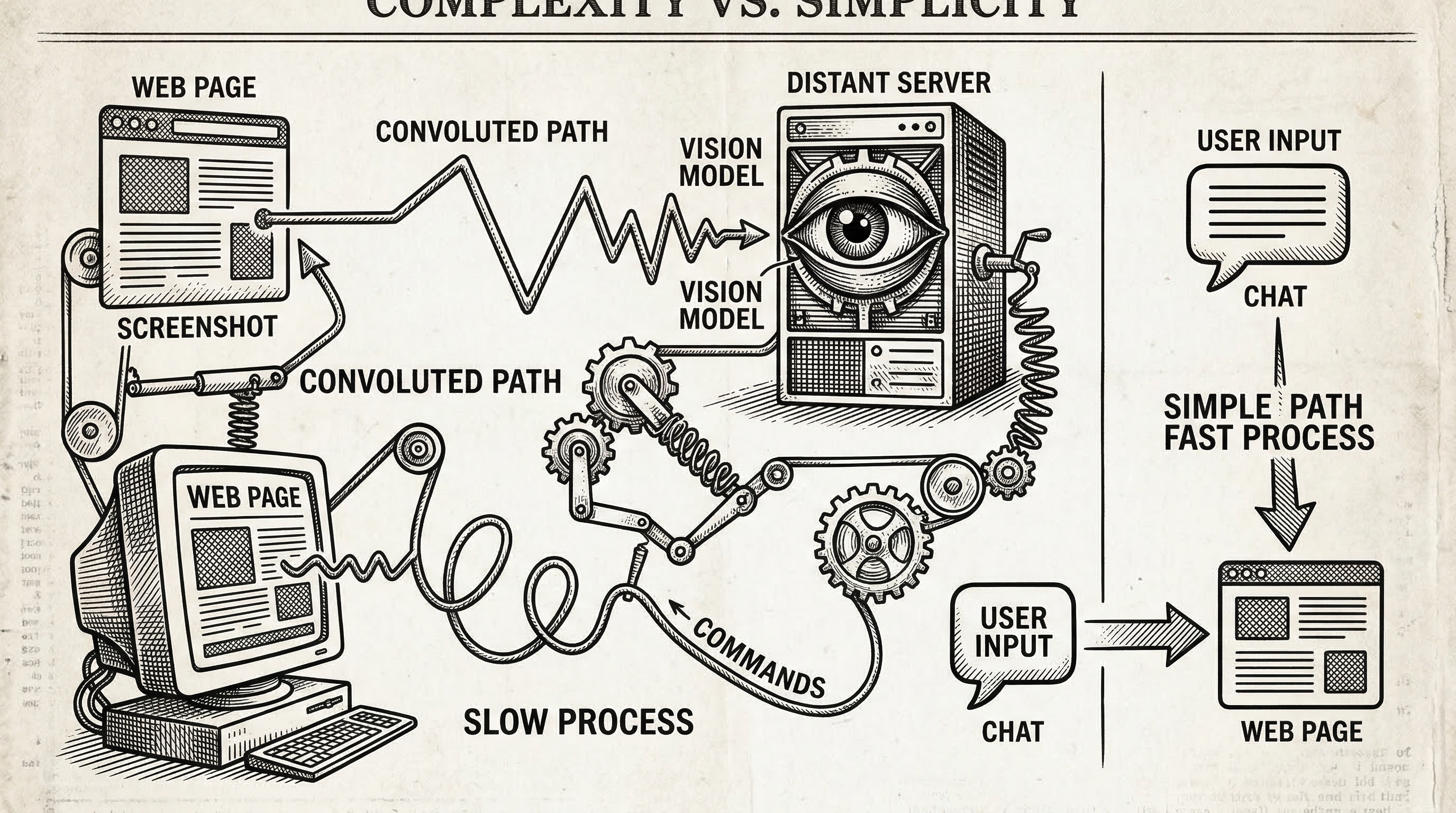 Split composition. Left side shows a convoluted path from a web page through a server with screenshots and a vision model and back. Right side shows a direct short path from a chat bubble straight into the same web page. The contrast between the two approaches is stark.
