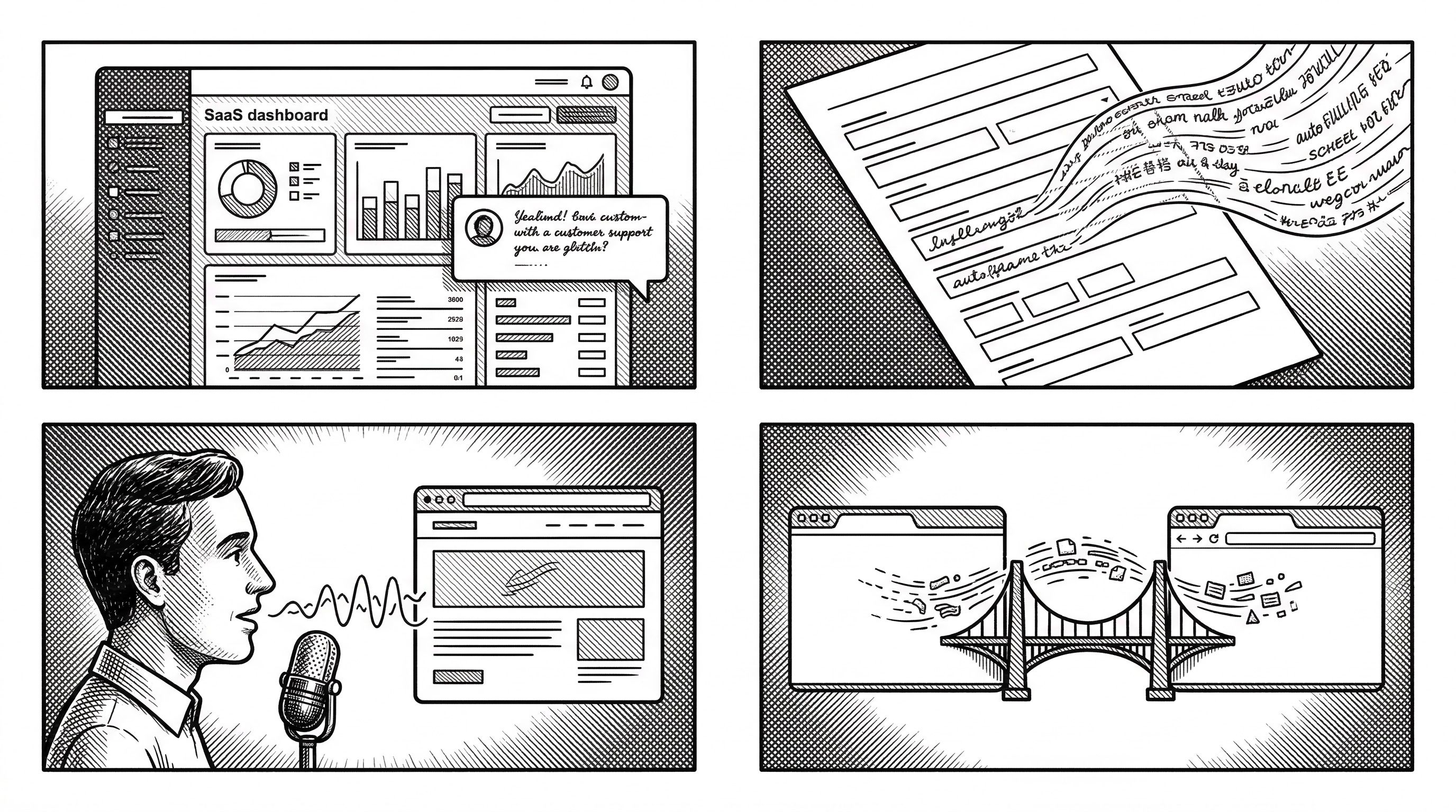Four vignettes arranged in a grid. Top-left shows a SaaS dashboard with a chat bubble. Top-right shows a long form being auto-filled. Bottom-left shows a person speaking to a web page through a speech bubble. Bottom-right shows two browser tabs connected by a bridge with data flowing between them.