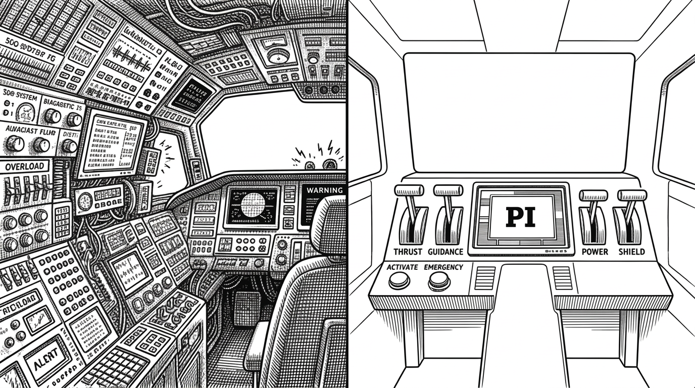 Split composition. Left side: cluttered spaceship cockpit with dozens of unnecessary controls, flickering screens, and warning lights representing bloated agents. Right side: clean, quiet cockpit with four large clearly labeled levers and a perfectly steady screen representing Pi. Strong visual contrast.