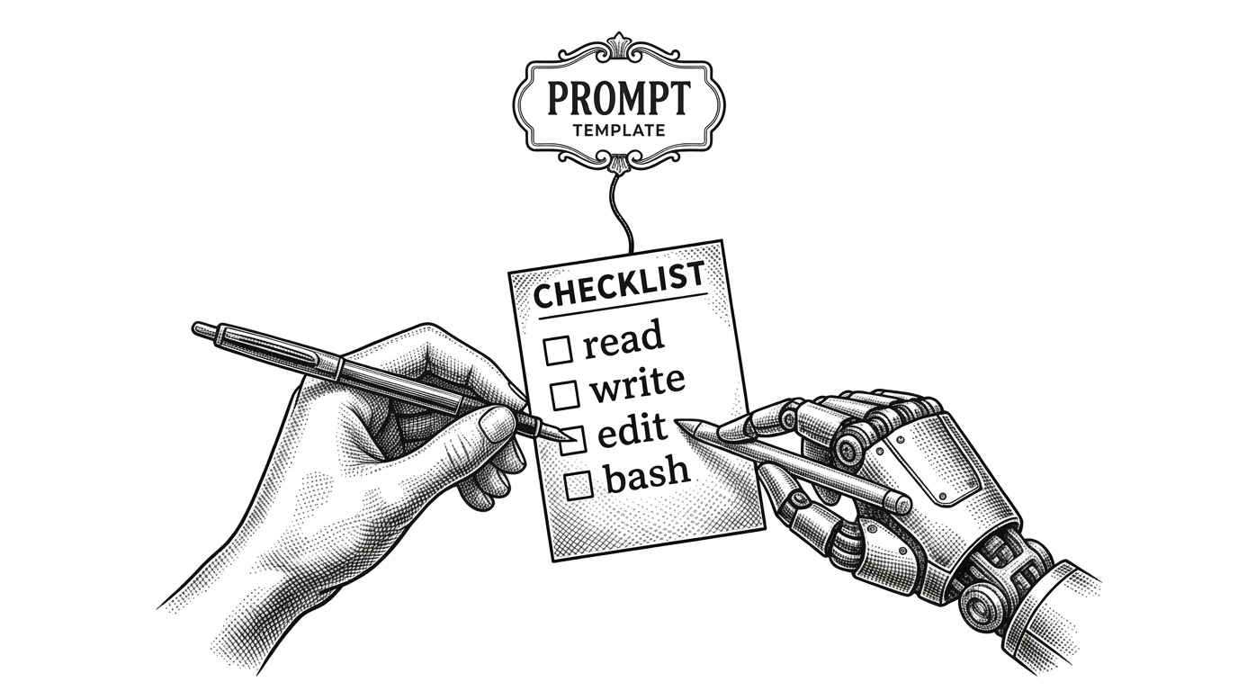 Two hands — one human, one mechanical — working on a very short checklist containing only four items (read, write, edit, bash). A single taut thread connects the checklist to a small, elegant prompt template. Everything else is empty white space.
