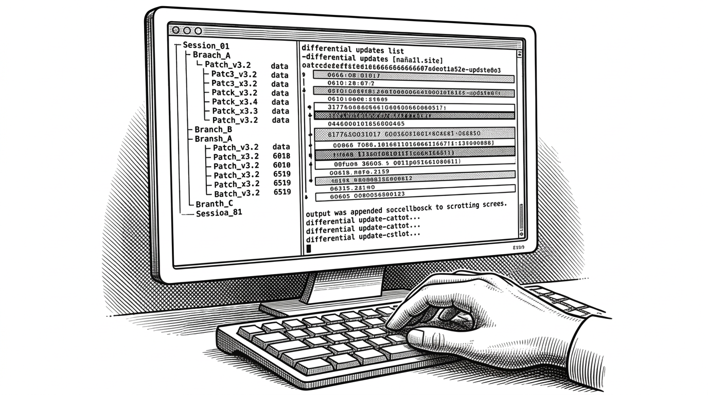 Close view of a terminal window showing perfectly clean, non-flickering output with a tree view of session branches on the left and differential updates highlighted. A human hand typing at the bottom, with output appending smoothly into scrollback rather than redrawing the whole screen.