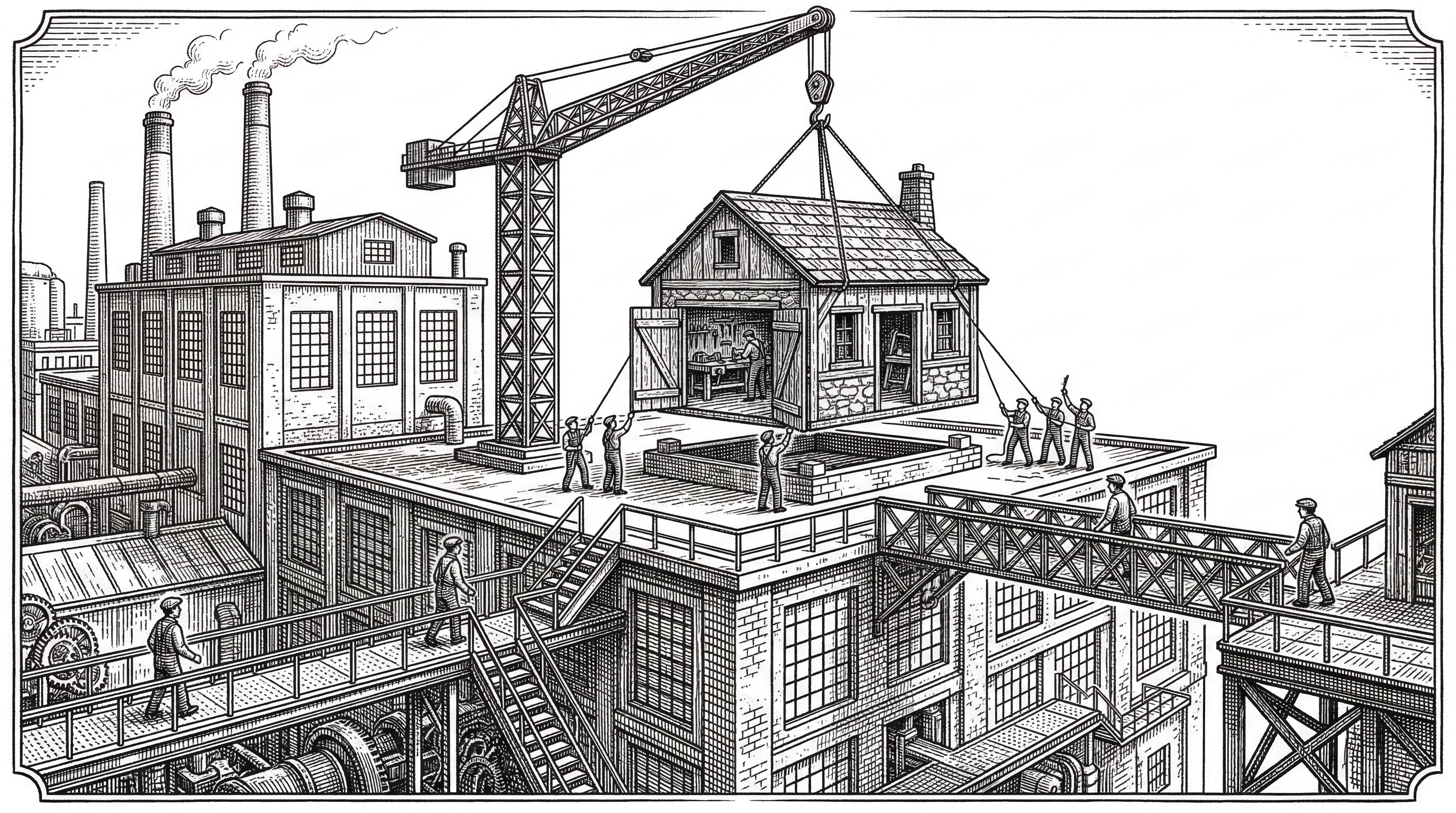 A small but well-built workshop labeled promptfoo being carefully lifted and placed onto a much larger industrial complex. The workshop retains its distinct character and open doors while connecting to the larger infrastructure. Workers move between the two structures freely.