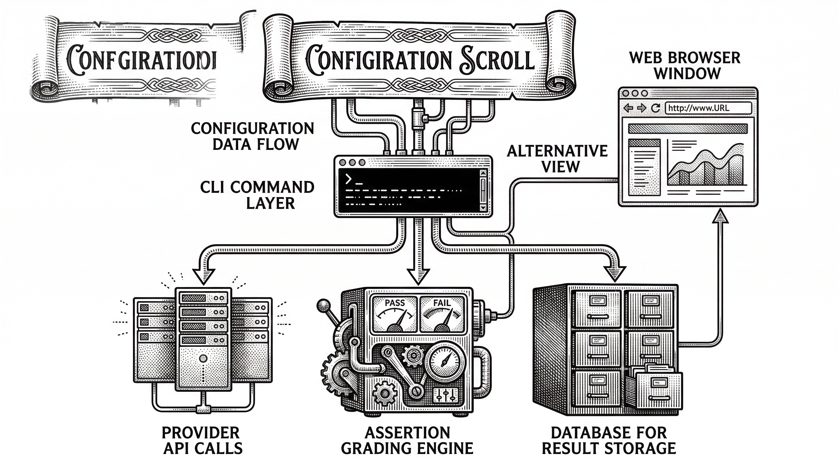 A layered architecture diagram showing YAML config at the top flowing into a CLI layer then branching into provider calls, assertion grading, and result storage. A web UI sits alongside the CLI as an alternative interface to the same data.