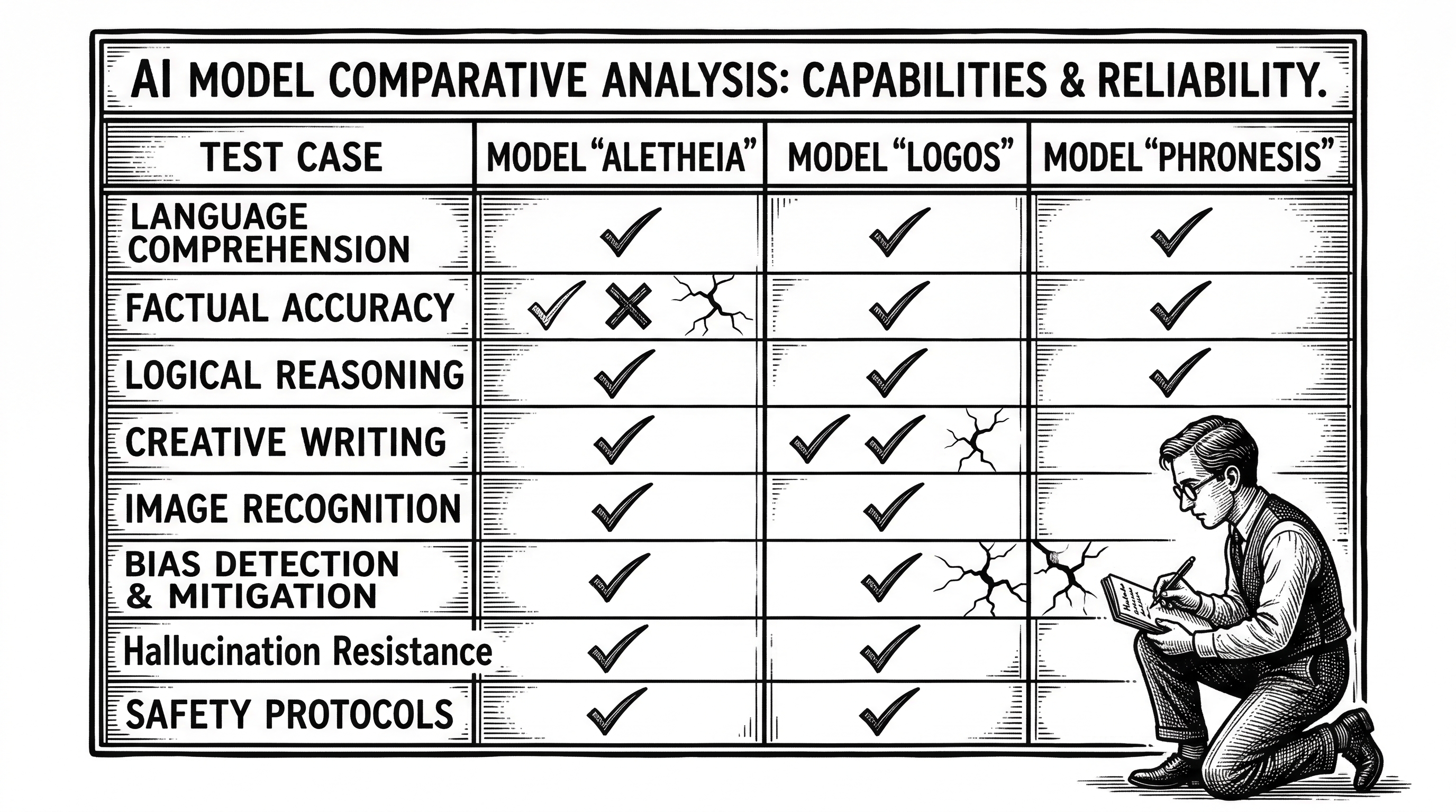 A comparison table showing three LLM providers as columns and test cases as rows. Some cells show pass marks while others show failures. A human figure studies the grid with notes.