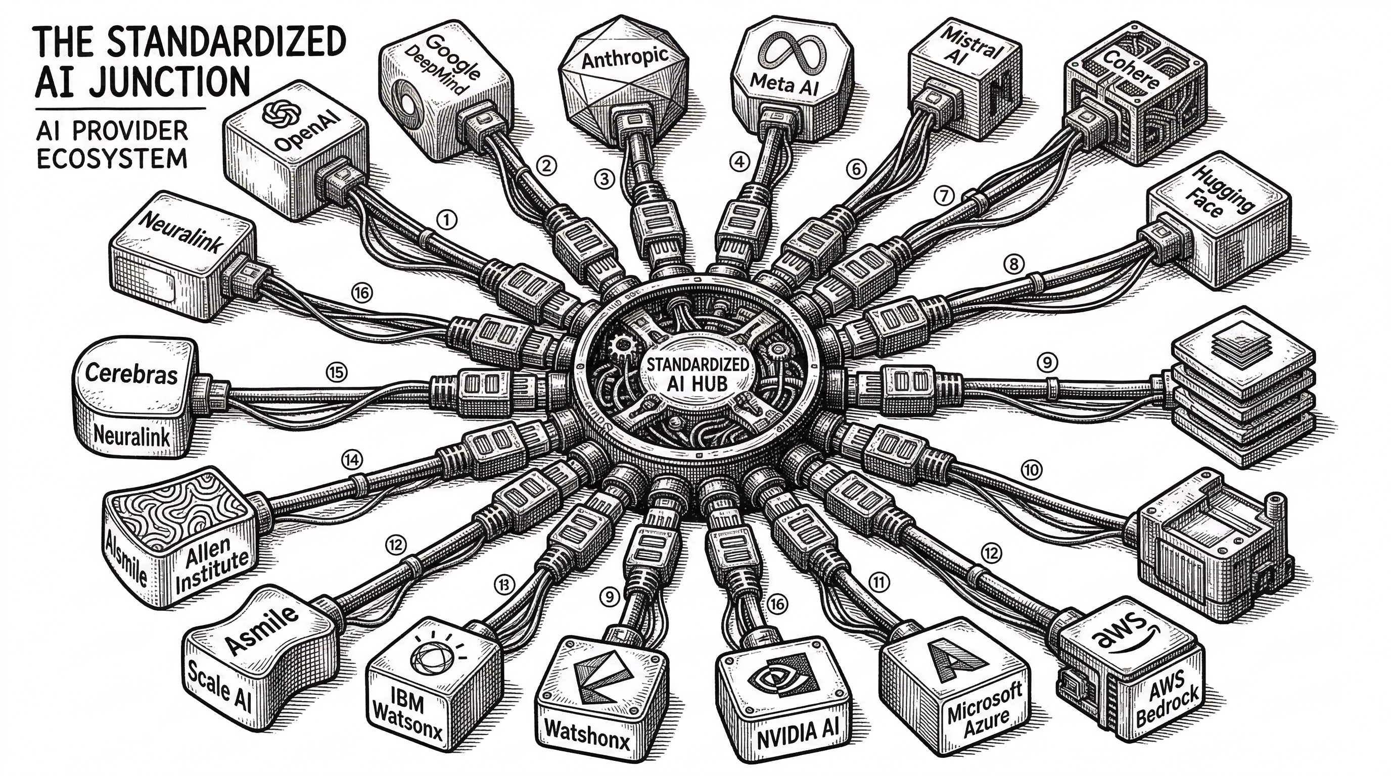 A central hub with spokes radiating out to different LLM provider logos. Each spoke carries a standardized connector that plugs into the hub identically despite the providers being different shapes and sizes.