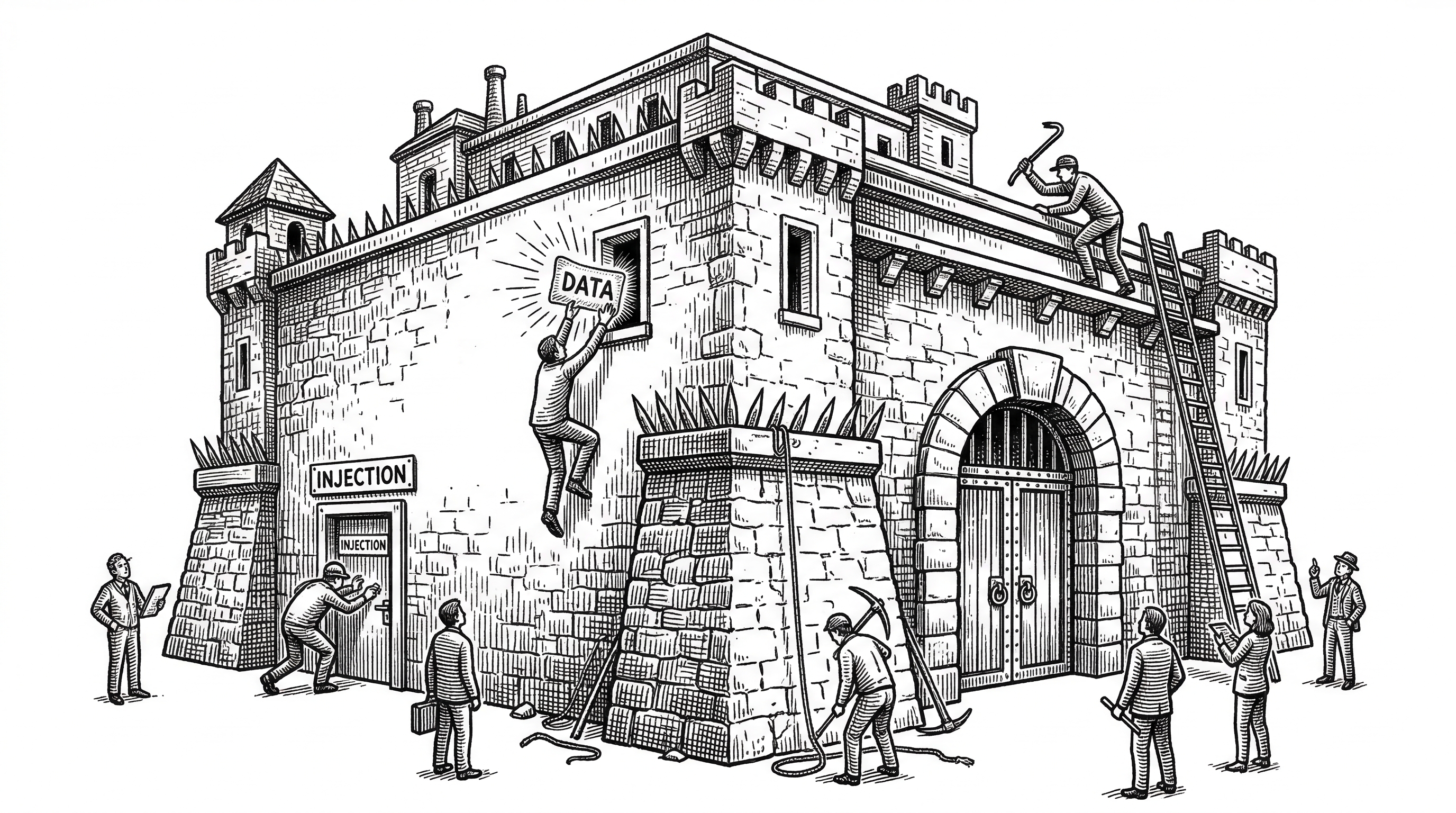 A red team of small figures surrounds a large fortified AI system. They probe with different tools representing different attack vectors: one tries prompt injection through a side door, another attempts data extraction through a window, a third tests jailbreak through the roof.