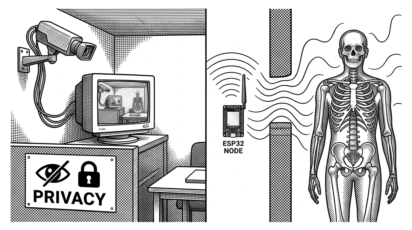 Split composition. Left side shows a room with a mounted camera, visible video feed on a monitor, and multiple privacy warning icons. Right side shows a small ESP32 node with clean wave patterns flowing through walls to a clean human skeleton overlay without any camera. Clear visual contrast between camera-based and RF-based sensing.