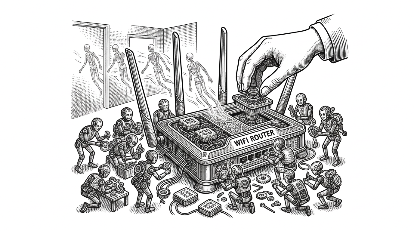 A vintage newsroom engraving of a swarm of small mechanical scribe figures surrounding a large WiFi router. The scribes are constructing the router and feeding it code and blueprints. The router emits clean skeletal human figures that pass through walls. Small ESP32 node satellites orbit the router. One large human hand places the final piece on the router. Pure white background, black ink crosshatching.