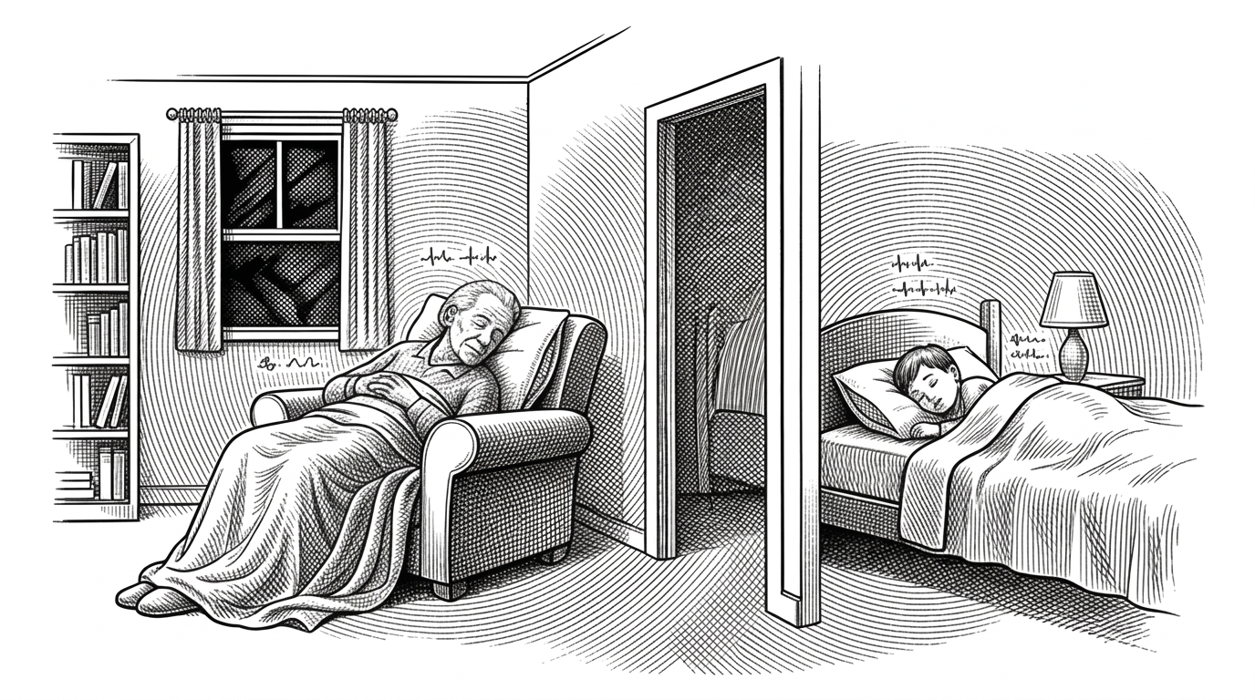 Quiet nighttime living room scene. Invisible WiFi waves depicted as fine hatched ripples gently outline a sleeping elderly person in bed and a child in an adjacent room. Subtle vital sign waveforms float near the figures. No cameras or devices are visible. Pure white background, black ink crosshatching.