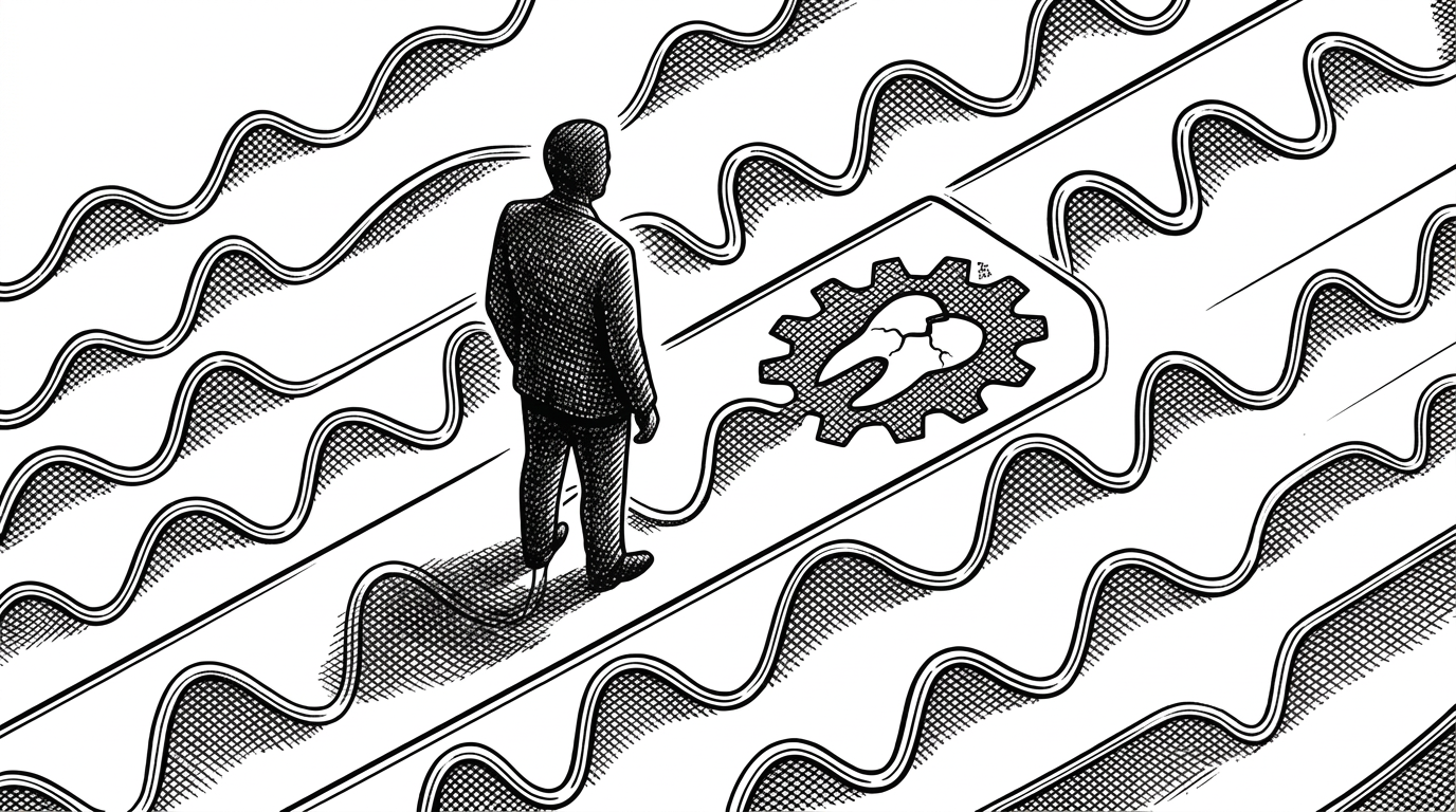 Extreme close-up of a pristine grid of parallel wave lines representing the static room RF signature. A single human silhouette interrupts multiple paths, creating a cracked tooth pattern in one wave that is contained by a clean firewall line. Neighboring wave paths remain smooth. Pure white background, black ink with fine crosshatching.