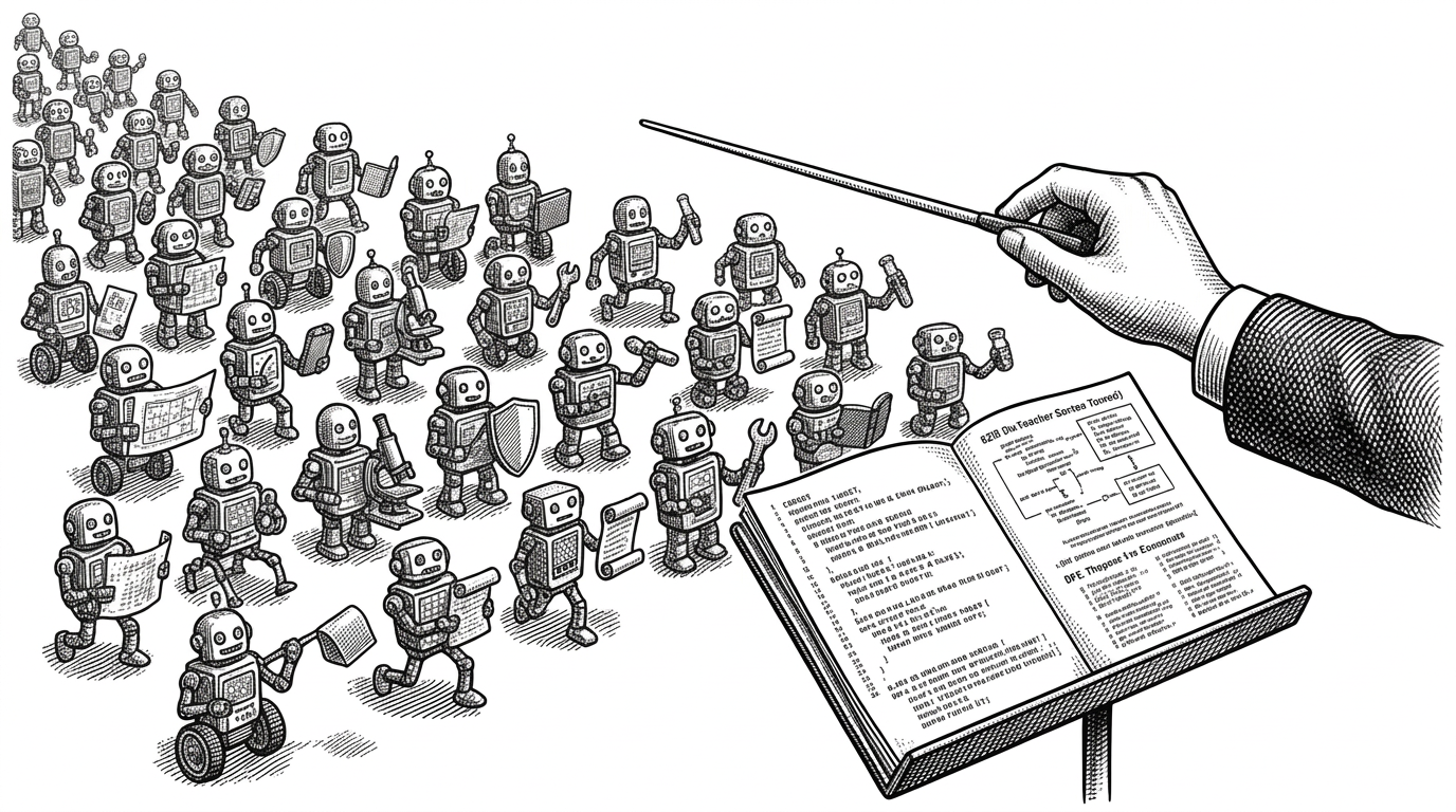 Close-up of a conductor's baton directing dozens of tiny identical robots. Each robot holds different tools: blueprint, microscope, shield, memory scroll. The sheet music consists of code snippets and ADR documents. Pure white background, black ink crosshatching and stippling.