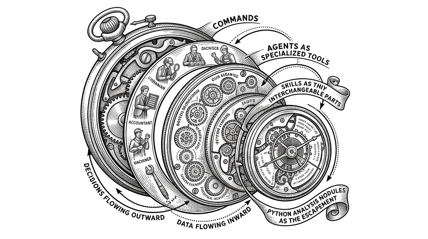 An exploded-view technical drawing of a pocket watch or orrery. Each concentric layer is labeled: outer ring Commands, next ring Agents as specialized tools, inner ring Skills as tiny interchangeable parts, and the core Python analysis modules as the escapement. Arrows show data flowing inward to the center and decisions flowing outward.