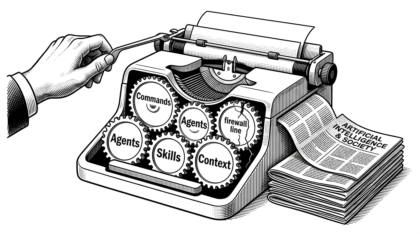 A clean mechanical typewriter whose keys have been replaced by interlocking gears labeled Commands, Agents, Skills, and Context. A single human hand pulls a lever that starts the entire mechanism, with finished articles emerging on the right as neatly stacked newspapers. One gear is subtly cracked but contained by a thin firewall line.