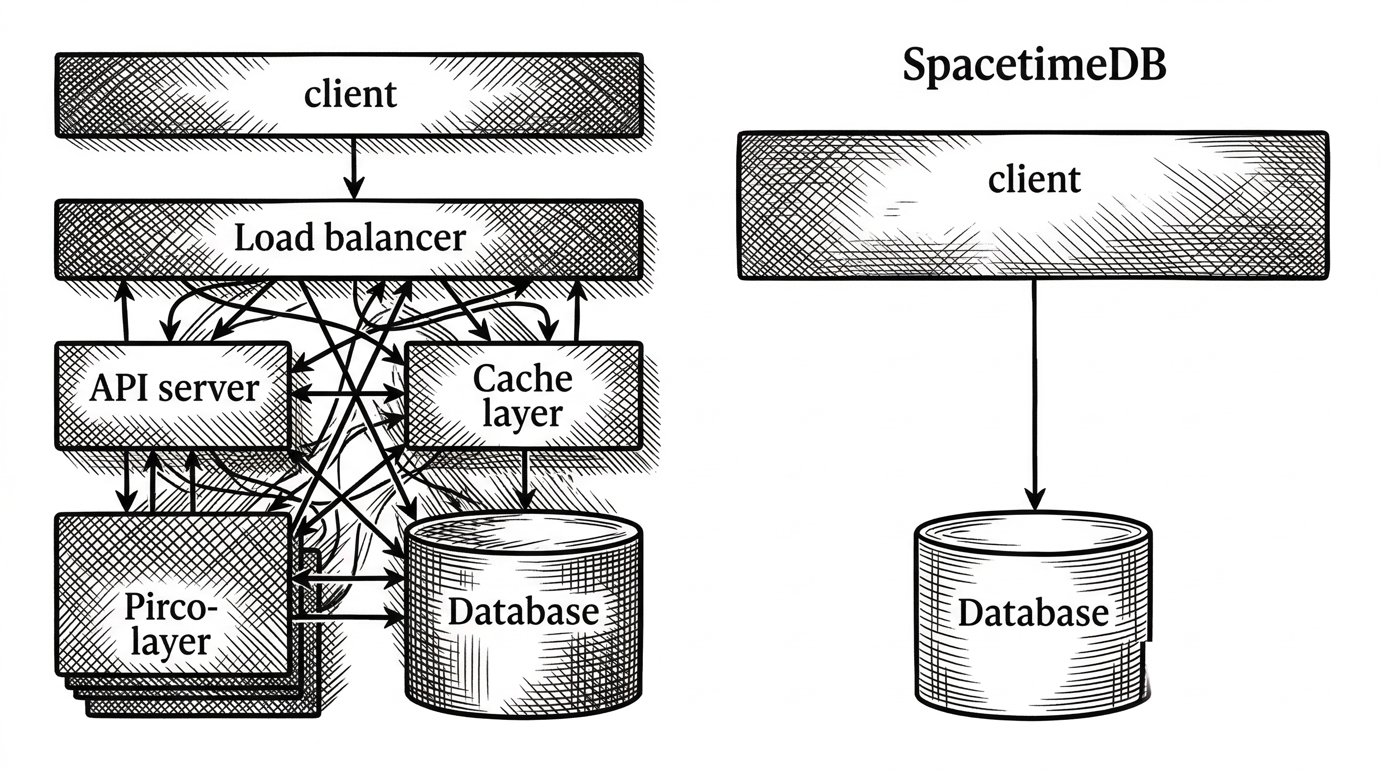 Two side-by-side architecture diagrams. The left shows a traditional stack with client, load balancer, API server, cache, and database as separate layers connected by many arrows. The right shows SpacetimeDB with just client and database connected by a single arrow. The traditional stack is dense and complex while the SpacetimeDB version is elegantly simple.