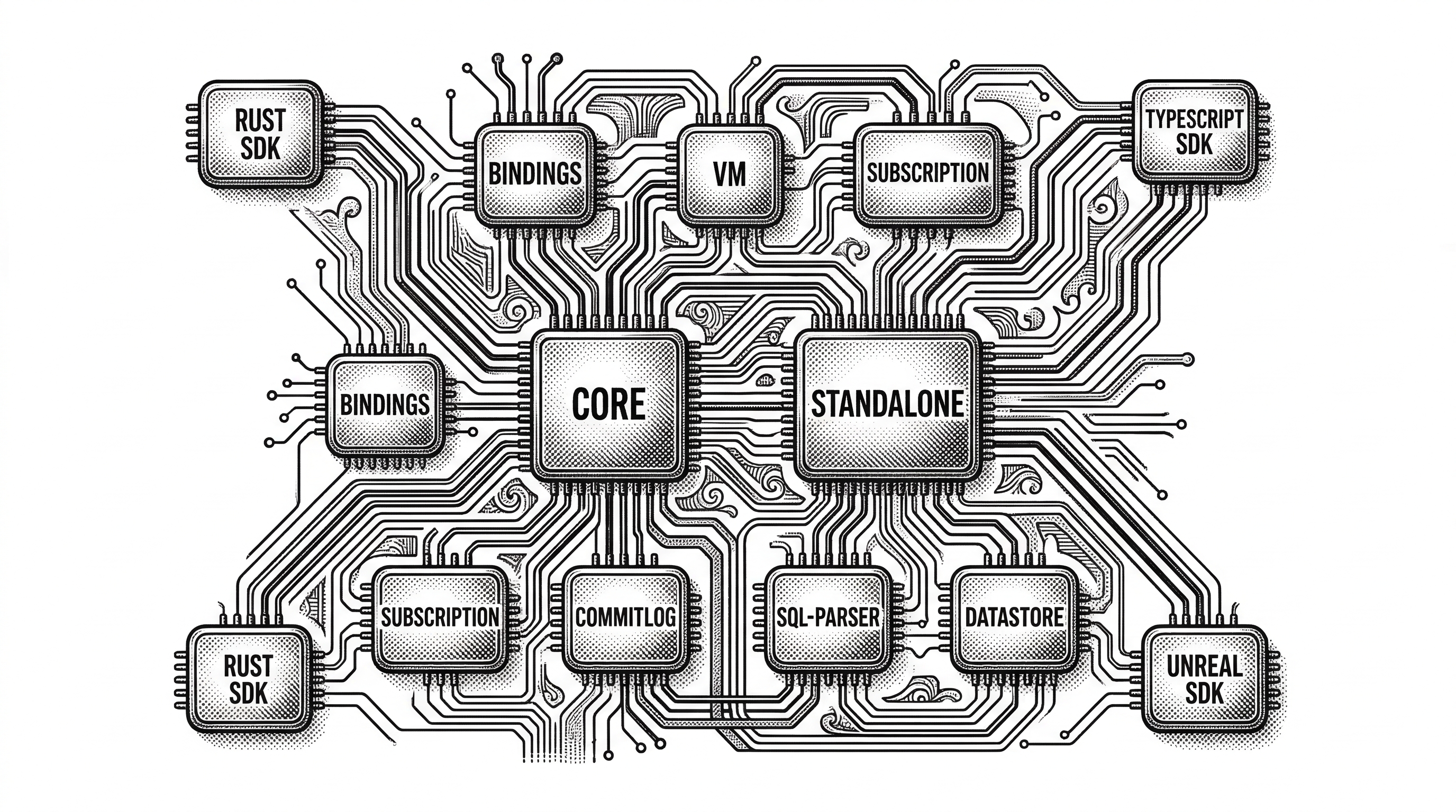 A map of interconnected crates and modules resembling a circuit board. The core and standalone crates are large central nodes. Bindings, SDKs, and tooling crates branch outward. Lines show dependencies flowing inward toward the core.