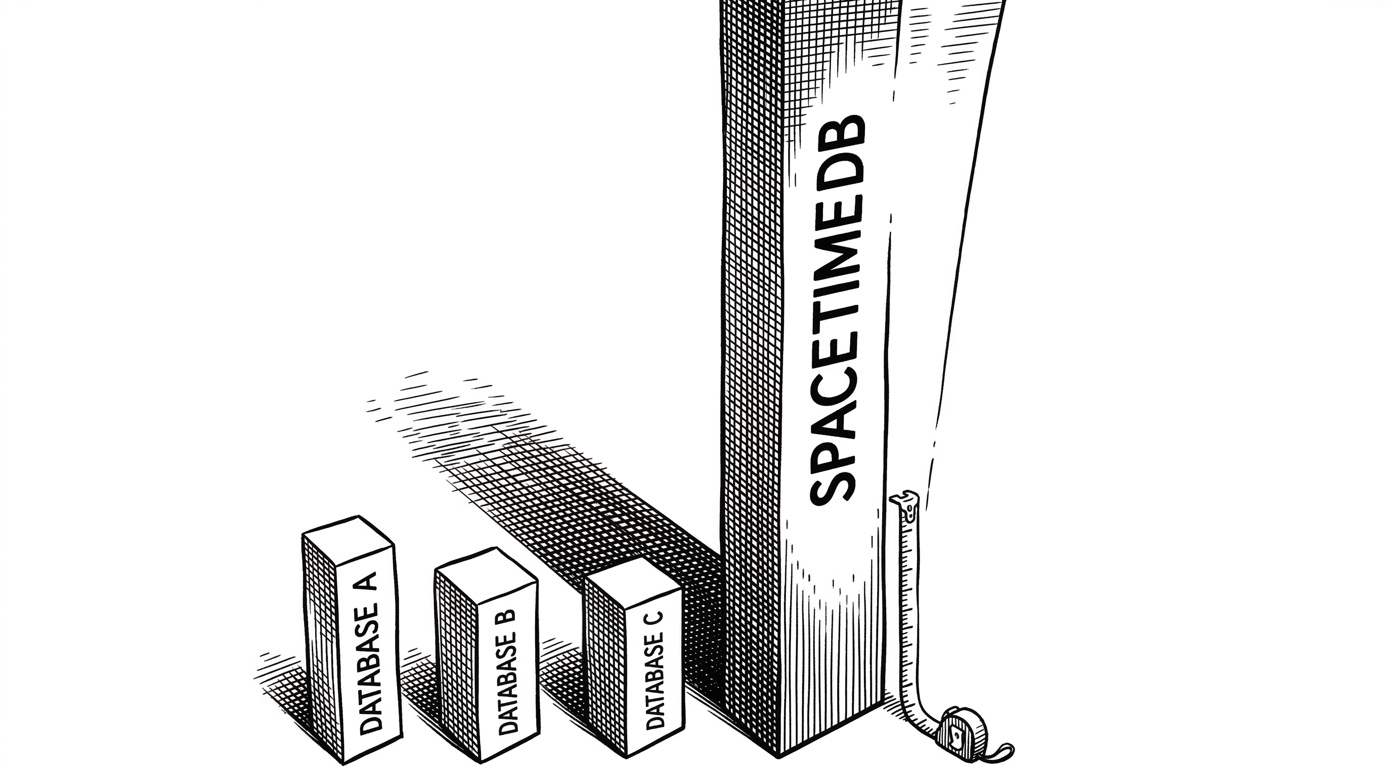 A bar chart comparison showing SpacetimeDB towering over other database solutions in transactions per second. The SpacetimeDB bar reaches dramatically higher than the others. Small labels identify each competing solution.