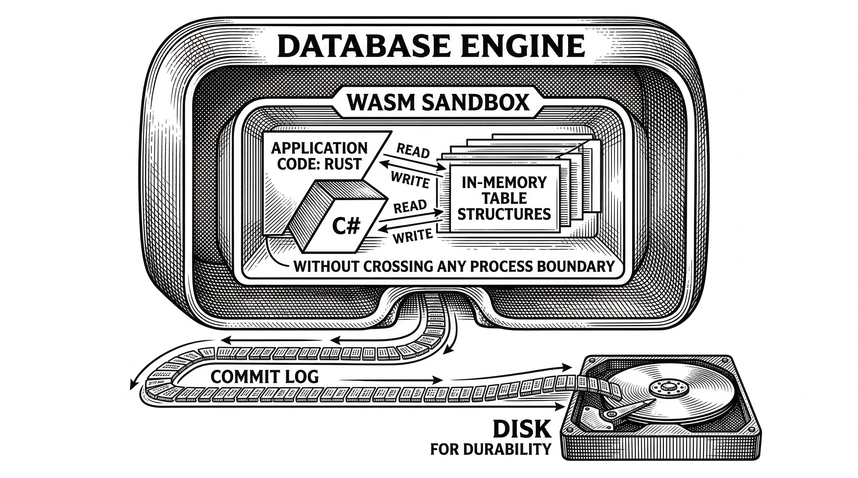 A cross-section view of the SpacetimeDB process. The outer shell is labeled Database Engine. Inside it a WASM sandbox contains application code modules. Arrows show the module reading and writing directly to in-memory tables without crossing any process boundary. A commit log scrolls to disk below.