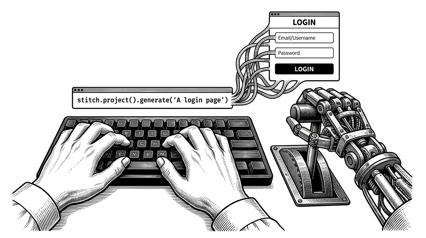 Close-up of hands writing code that generates UI. One hand types on a keyboard showing stitch.project().generate(), another mechanical hand pulls a lever that produces a clean login screen UI. Black ink crosshatching on pure white.