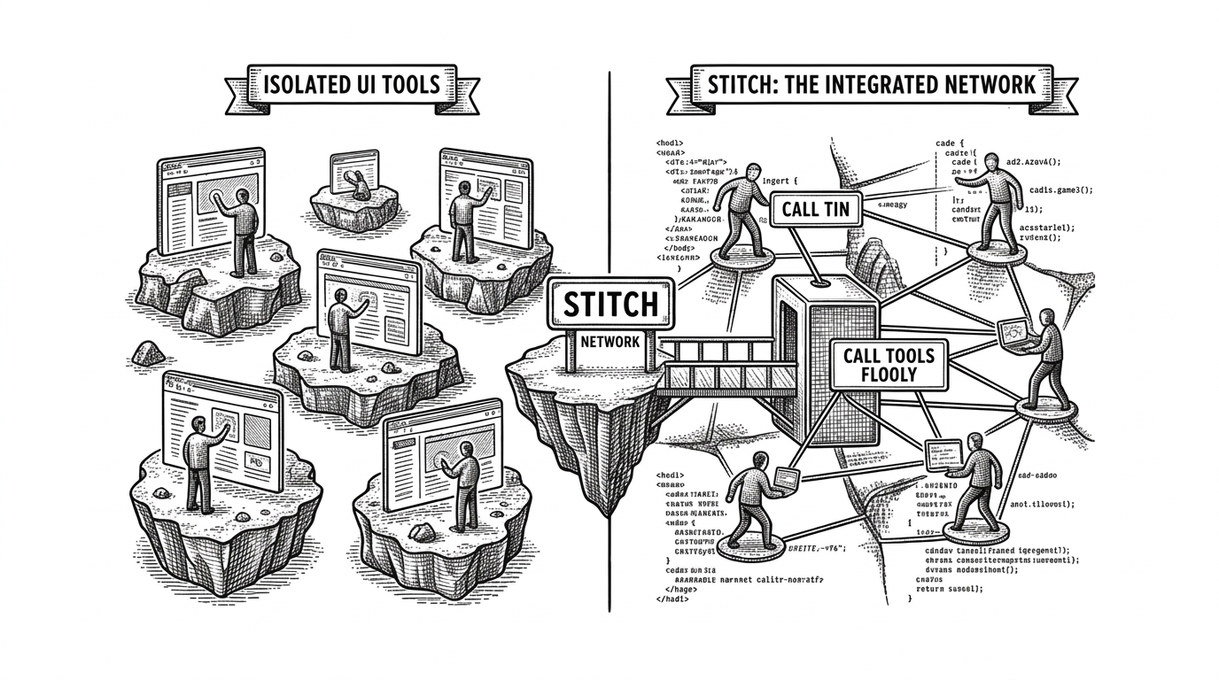 Side-by-side illustration. Left side shows several popular web UI tools as isolated islands with humans interacting via browsers. Right side shows interconnected nodes where agents call tools seamlessly, with Stitch highlighted as the bridge. Black ink crosshatching.