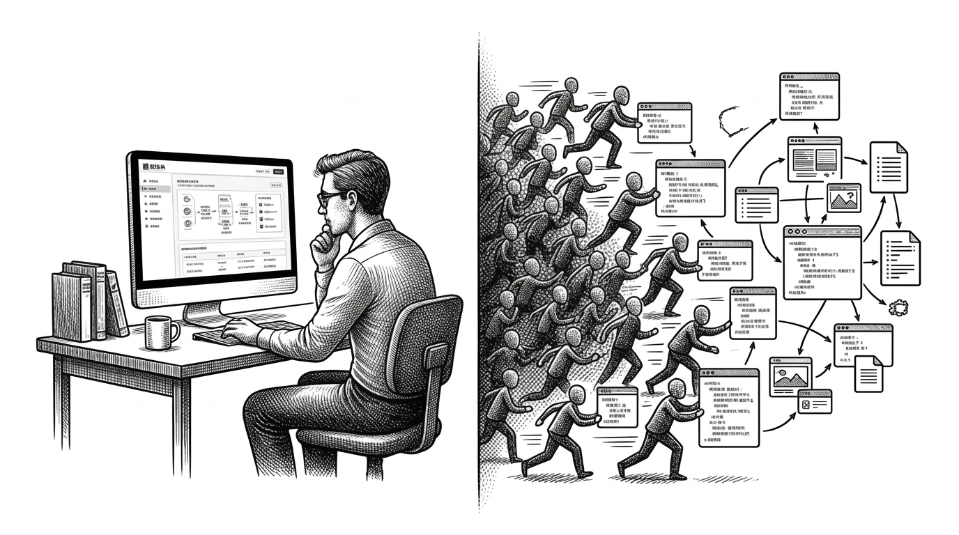 Split composition. Left side shows a lone developer sitting at a desk using the Stitch web UI. Right side shows a swarm of small agent robots calling tools from code in parallel, pulling HTML and screenshots into a growing codebase. Clear contrast in pace and collaboration. Black ink on white.