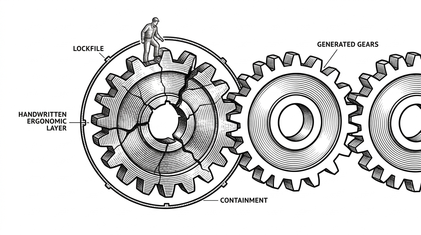 Close-up of gears in a machine. One prominent gear has a small visible crack but is contained by a thin lockfile firewall line. The cracked gear meshes perfectly with a set of pristine generated gears on the right. A tiny human figure stands on the cracked gear. Emphasizes controlled human input on top of generated code.