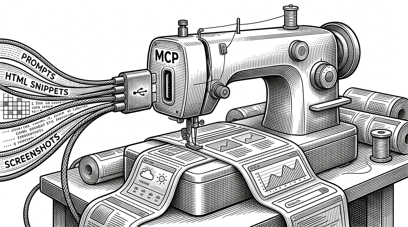 A large Gemini-powered machine shaped like a sewing machine stitching UI elements together. A prominent USB-C style port labeled 'MCP' on its side. Multiple cables from small agent figures plug into the port, with visible data flows of prompts, HTML snippets, and screenshots moving through the cables.