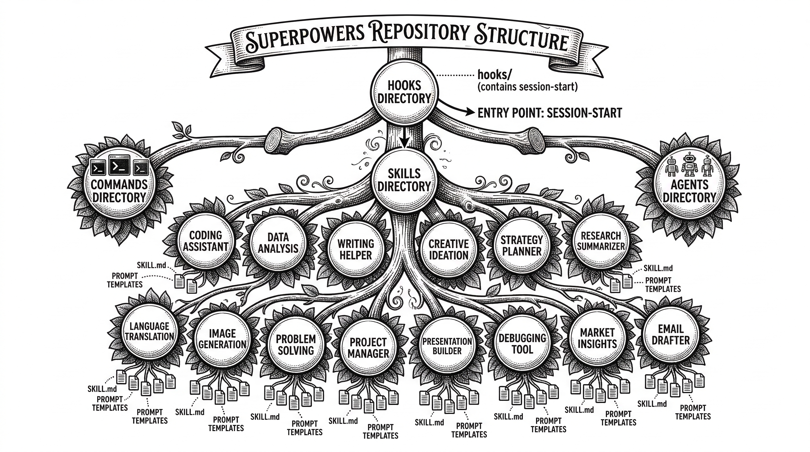 A tree diagram showing the repository structure. At the top is the hooks directory with session-start. Below it branches into skills with 14 labeled nodes. Each skill node has sub-nodes for SKILL.md and prompt files. Commands and agents directories branch off separately.