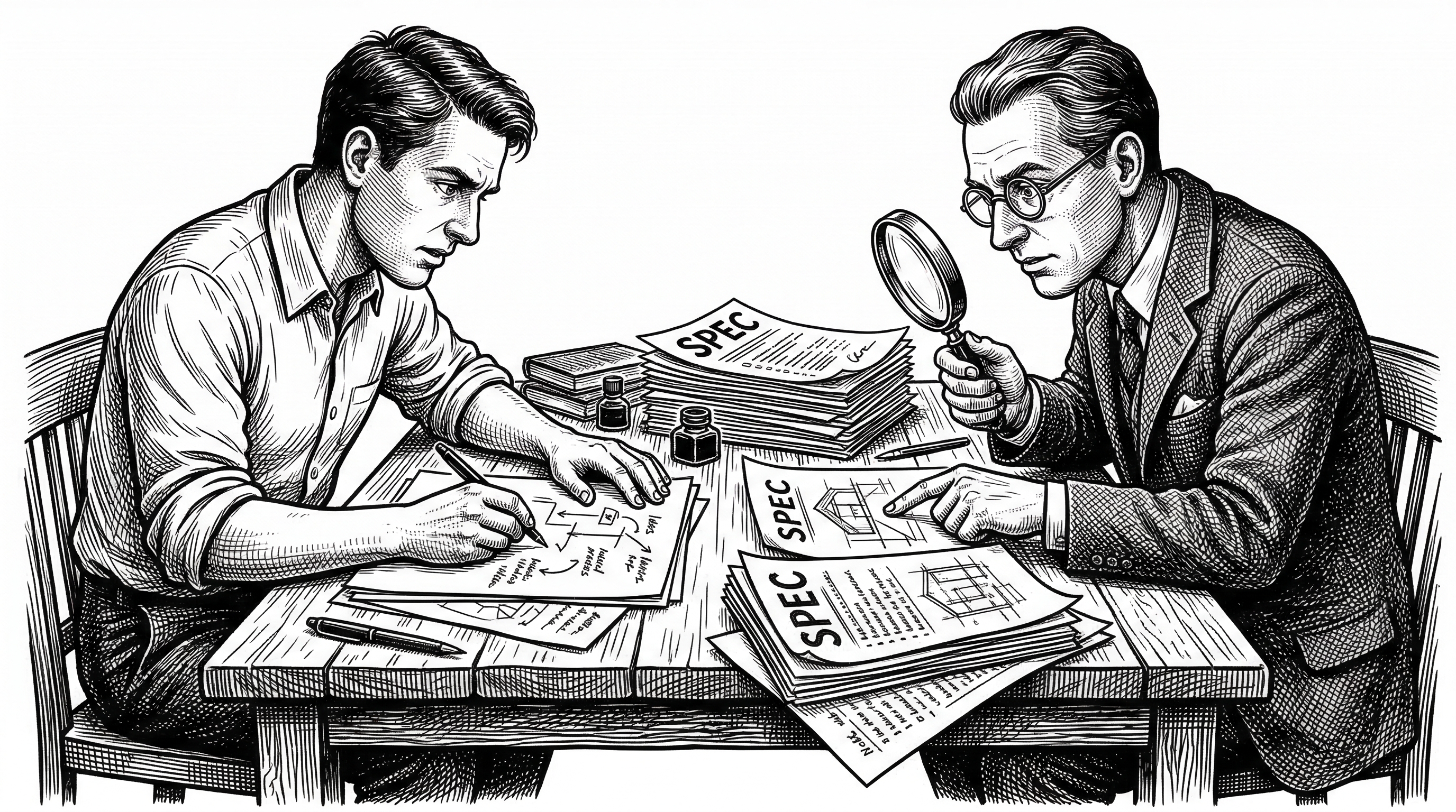 Two figures sit across from each other at a table. One figure representing the user sketches rough ideas on paper. The other figure representing the agent asks pointed questions with a magnifying glass examining each sketch. Between them is a growing document labeled Spec.