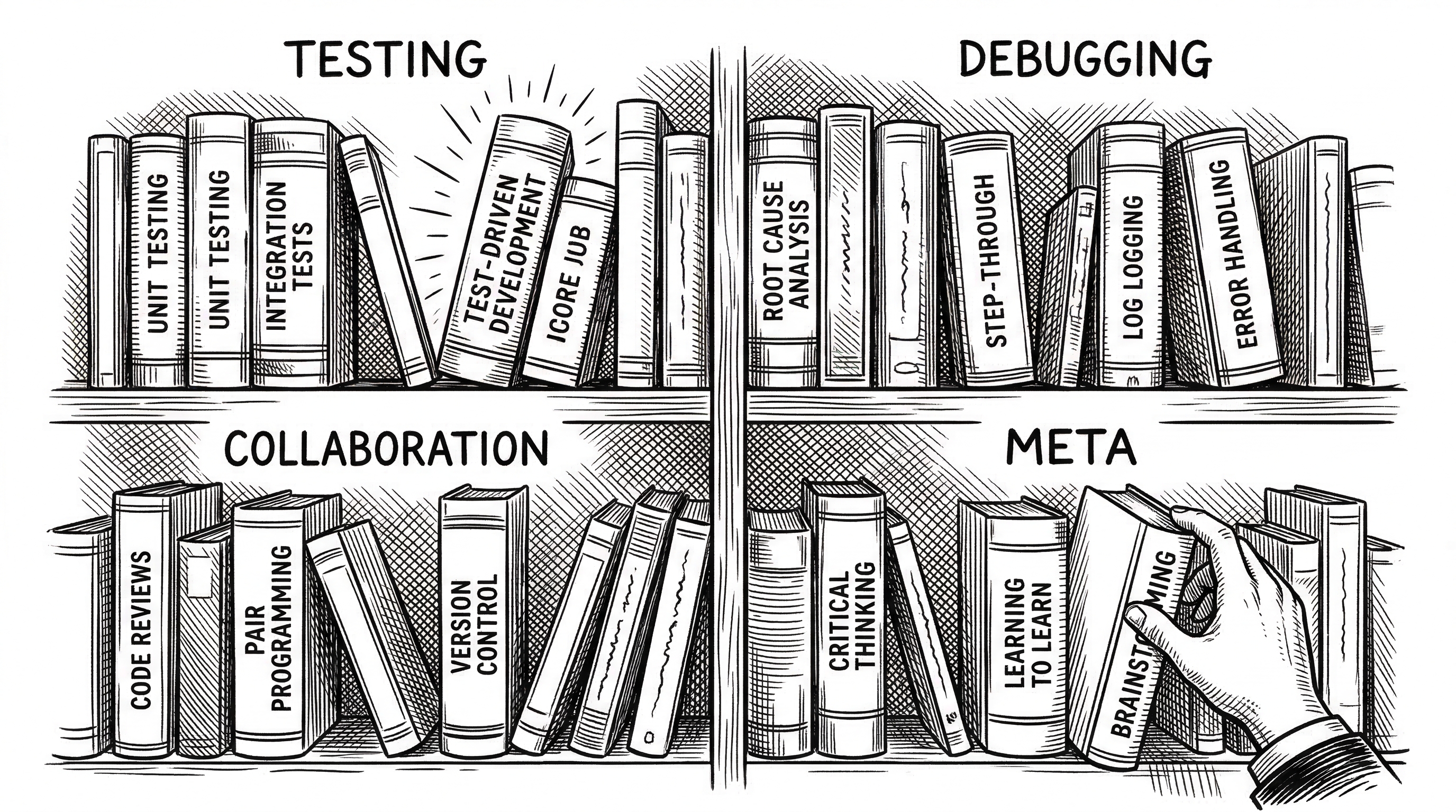 A library wall with labeled skill books on shelves organized into four sections: Testing, Debugging, Collaboration, and Meta. Each book spine shows a skill name. An agent hand reaches for the brainstorming book while the test-driven-development book glows to indicate it is always active.