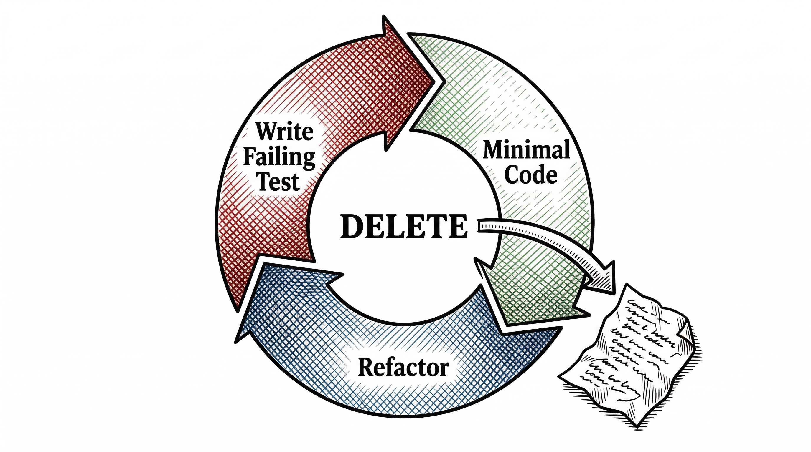 A circular diagram rendered in crosshatched ink showing three stages. A red section labeled Write Failing Test. A green section labeled Minimal Code. A blue section labeled Refactor. Arrows connect them in a continuous cycle. In the center the word DELETE appears with an arrow pointing to discarded code.