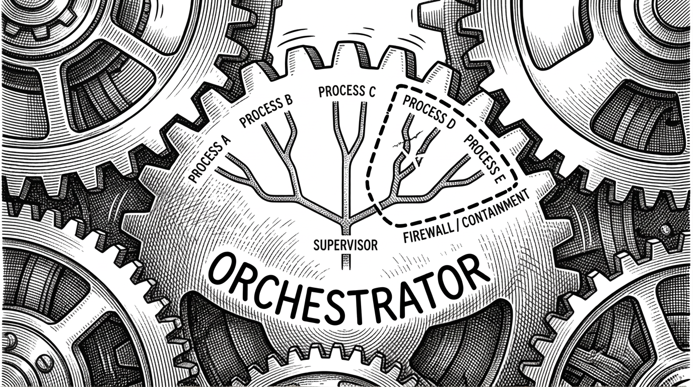 Extreme close-up of a single gear in a massive clockwork mechanism labeled Orchestrator. The gear has a thin OTP supervision tree etched on it. One arm is cracked but contained by a firewall line while neighboring arms continue turning smoothly. Metaphor for fault tolerance and isolation.
