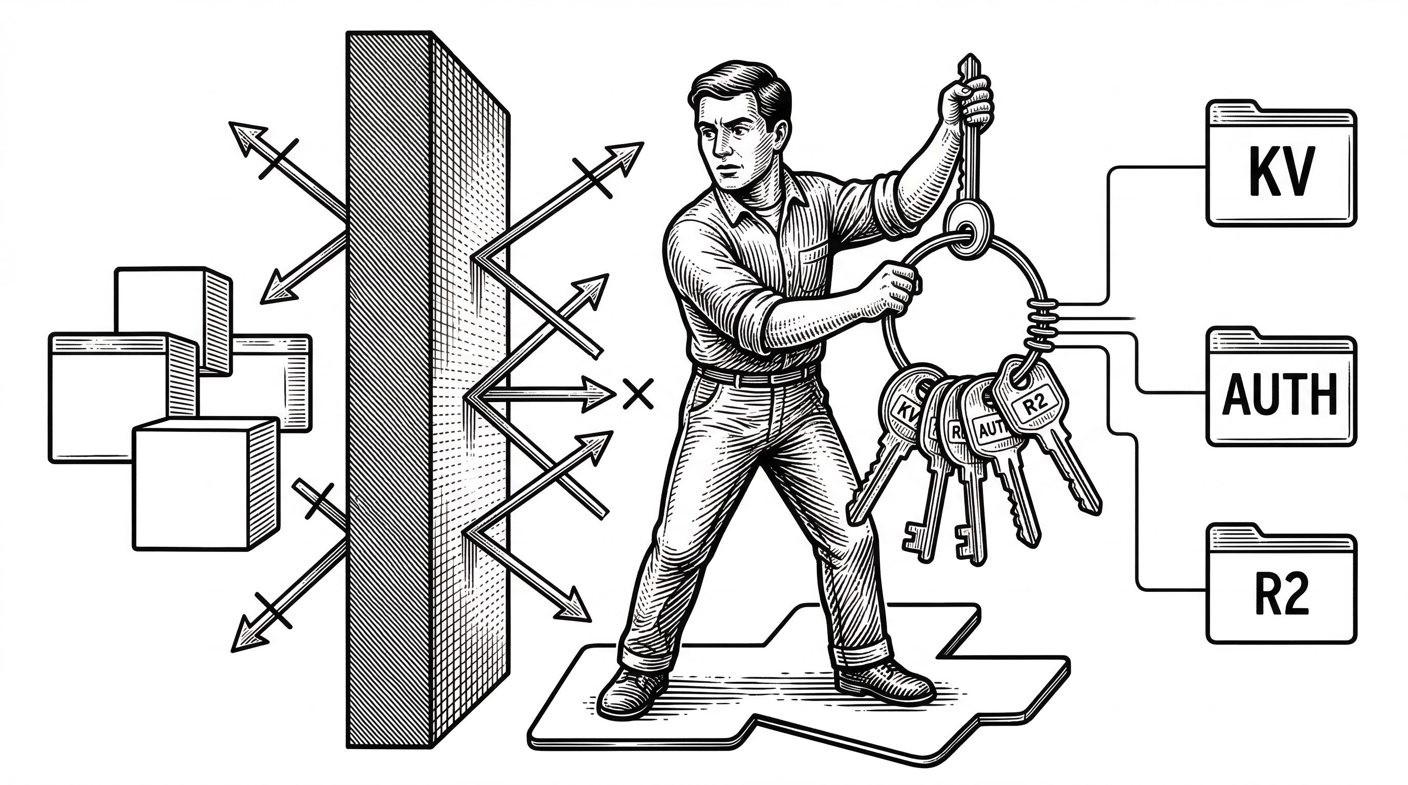 A Worker script in the center with labeled keys on keyrings extending outward. Each key connects to one specific resource like KV AUTH or R2. A wall separates the Worker from resources it does not have keys for. Crossed-out arrows show blocked access attempts.