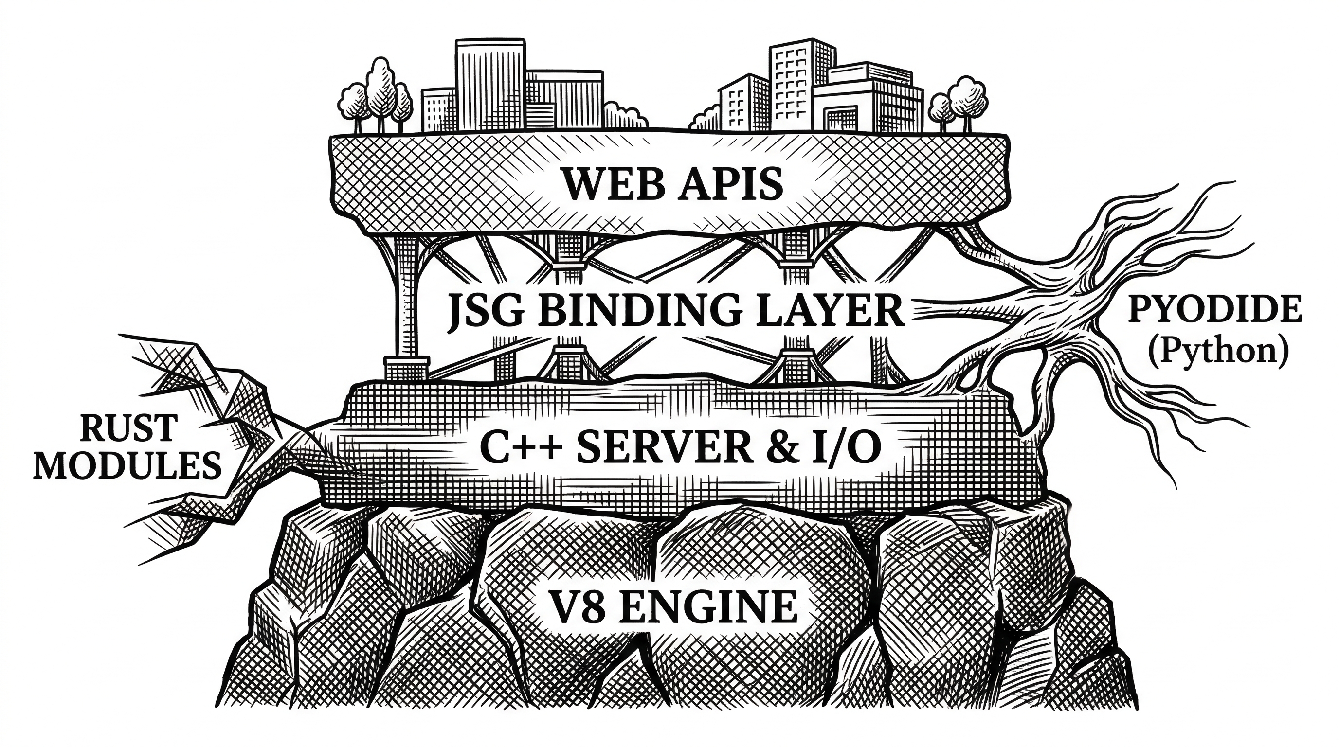 A layered architectural diagram showing the workerd codebase from bottom to top. V8 engine at the base. C++ server and IO layer above it. JSG binding layer in the middle. Web APIs and Node compat at the top. Pyodide and Rust modules as side extensions.