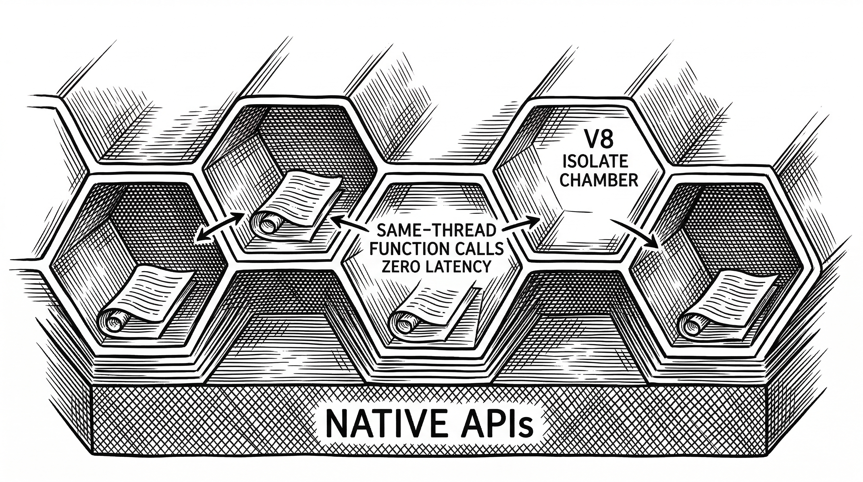 Cross-section of a single workerd process showing multiple V8 isolate chambers side by side. Each chamber contains a small Worker script. Shared native API code runs along the bottom like a foundation. Arrows between chambers show same-thread calls with zero latency labels.