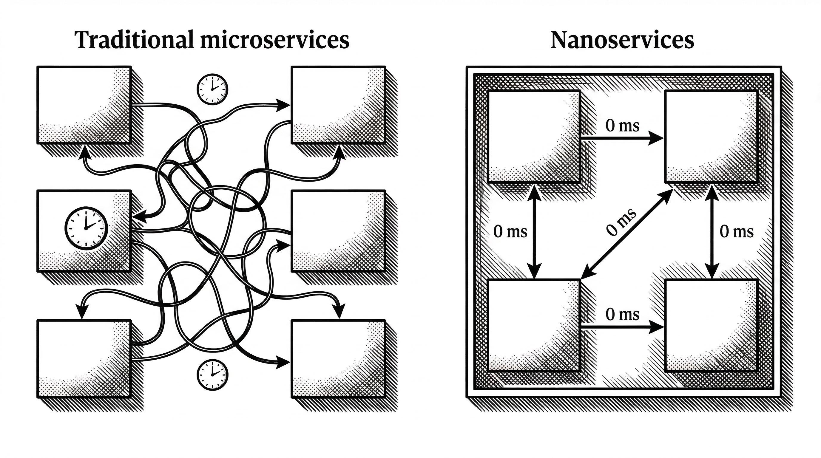 Two architectural diagrams side by side. Left shows traditional microservices with network hops between boxes connected by wavy lines representing latency. Right shows nanoservices as chambers within a single box connected by straight arrows with a zero ms label.