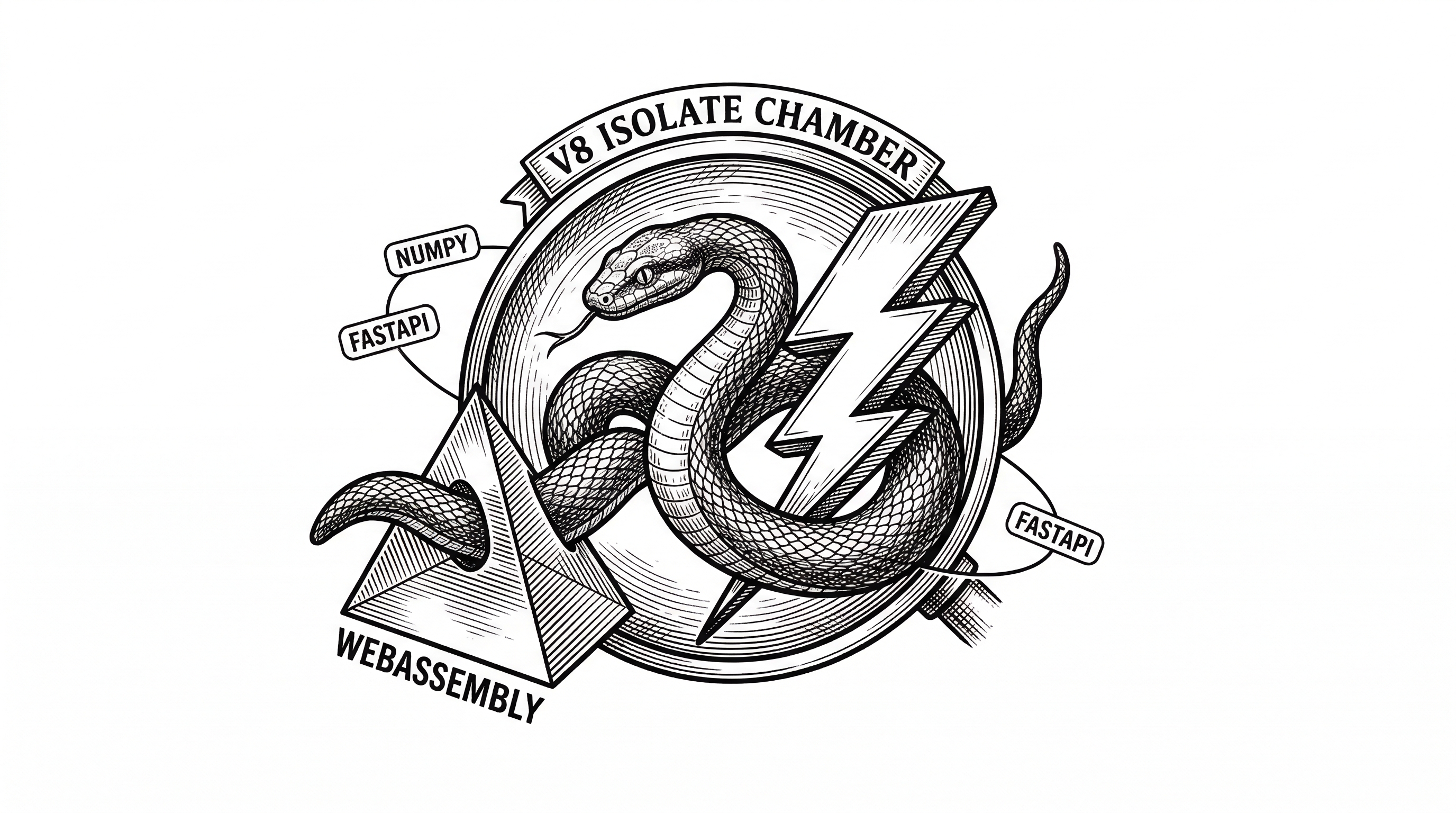 A Python snake and a JavaScript lightning bolt intertwined inside a V8 isolate chamber. The Python snake passes through a WebAssembly prism before entering the chamber. Both coexist peacefully inside the same isolate.