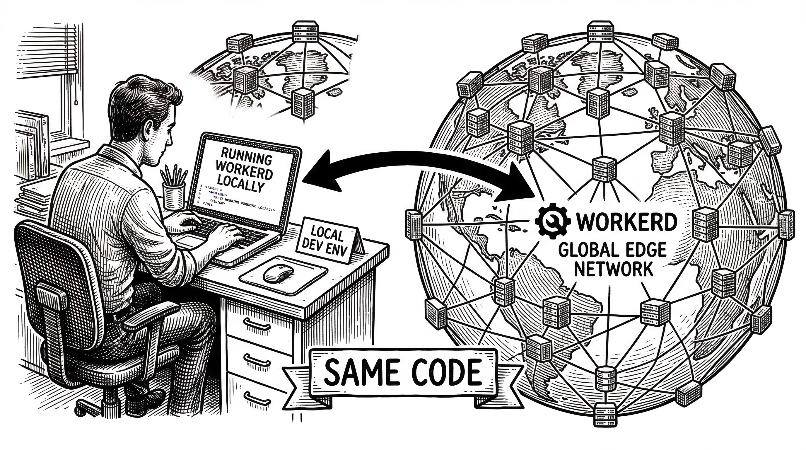 A developer at a desk with a laptop running workerd locally. The same workerd engine also appears inside a massive globe of data centers. A double-headed arrow labeled same code connects the two scenes.