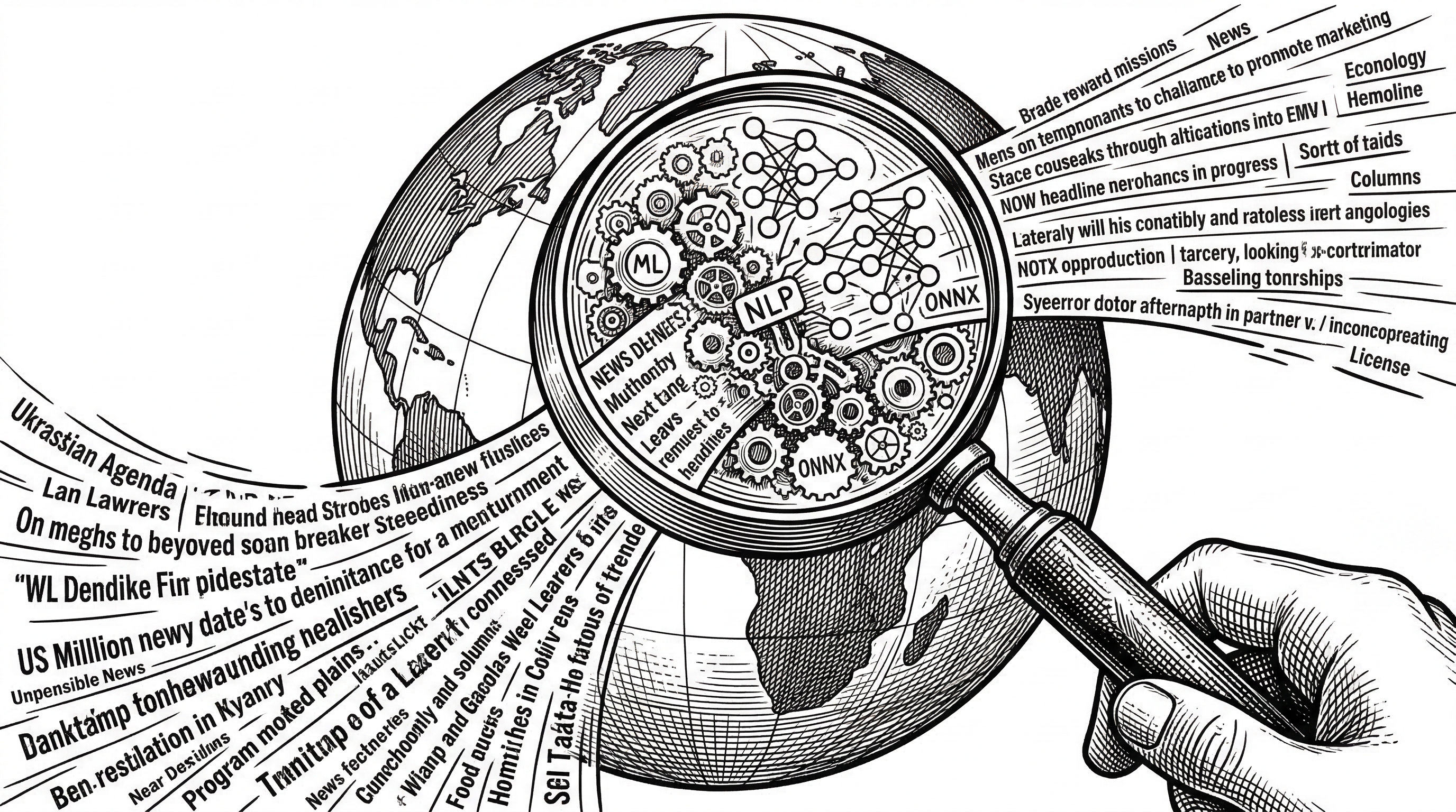 A magnifying glass held over a globe, with tiny gears and neural network nodes visible inside the lens. The gears are labeled ML, NLP, and ONNX. Below the magnifying glass, streams of news headlines flow from multiple directions and emerge classified and color-coded on the other side.