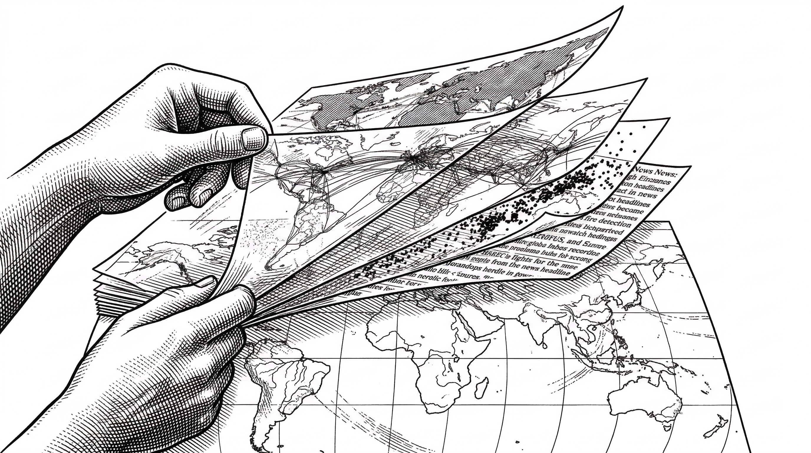 A pair of hands peeling back transparent layers stacked above a world map. Each layer shows a different data type: ship tracks on one, flight paths on another, fire dots on a third, news headlines on a fourth. The layers separate like pages of a book being fanned open.