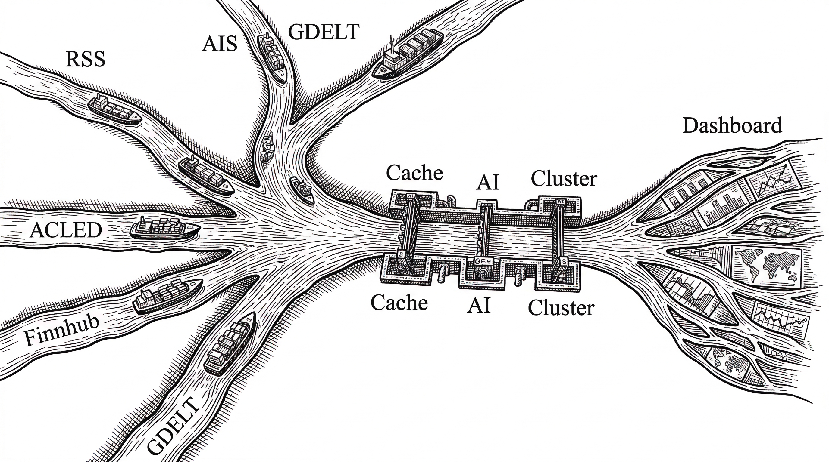 A river system viewed from above, where multiple tributaries labeled with data source names merge into a central river. The central river flows through a series of processing locks and gates before emptying into a wide delta labeled Dashboard. Small boats carry different types of cargo on each tributary.