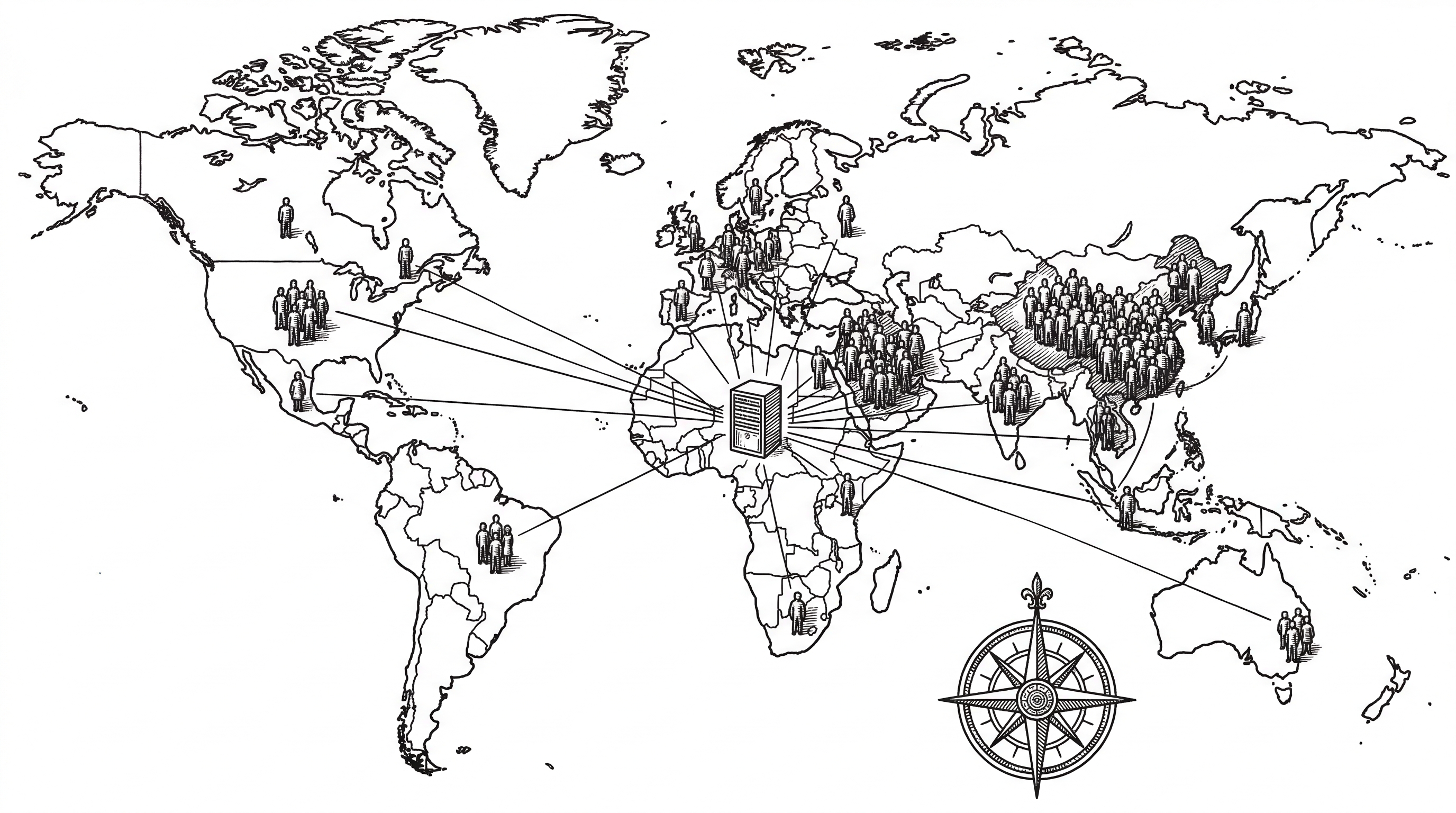 A world map shown as a flat projection with clusters of small human figures standing on different continents. The largest clusters appear in Asia, Europe, and the Middle East. Thin lines connect the figures to a central server stack. A compass rose sits in the corner.